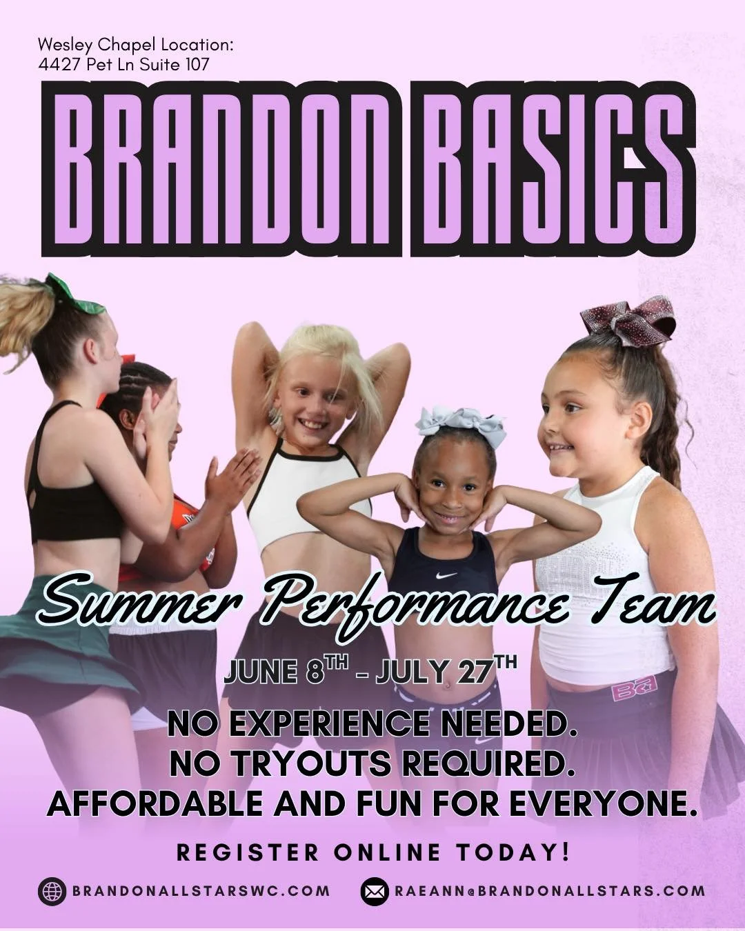 BA Basics begins Monday! 🤩

Basics is the perfect low-cost, summer time activity and the perfect intro to cheerleading activity! Join us for 7 fun-filled weeks of cheerleading that end with a friends and family showcase! 

Information and registrati