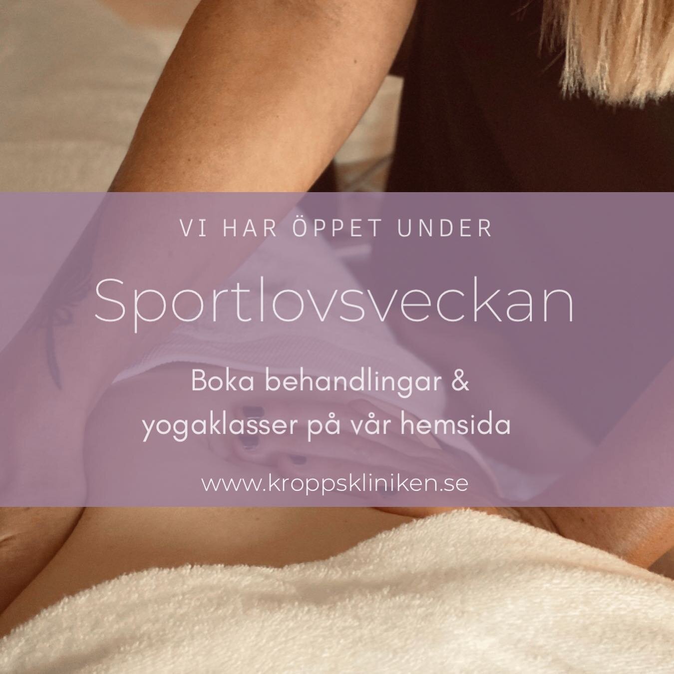 💆🏼&zwj;♀️Ge dig sj&auml;lv ordentlig avkoppling under sportlovet 

💜 Vi har &ouml;ppet och v&aring;ra terapeuter finns p&aring; plats f&ouml;r att ta emot dig under sportlovet. Lediga tider finns p&aring; v&aring;r hemsida www.kroppskliniken.se.

