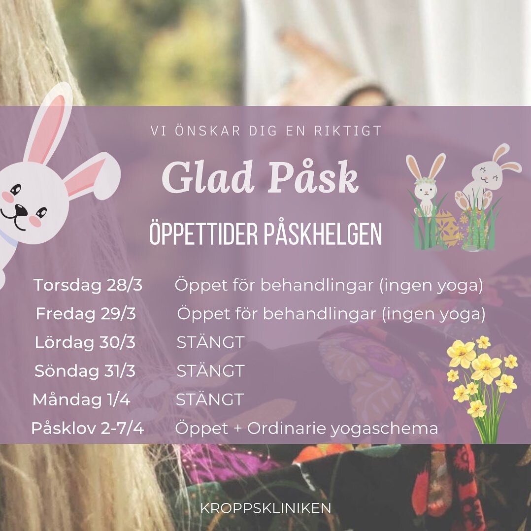 🐣 Glad P&aring;sk &ouml;nskar teamet p&aring; Kroppskliniken. Hur firar du p&aring;sk i &aring;r? 🐣💐 

Om du l&auml;ngtar efter extra avkoppling under p&aring;sklovet v. 14 s&aring; finns det m&ouml;jlighet att boka in sk&ouml;na behandlingar hos 