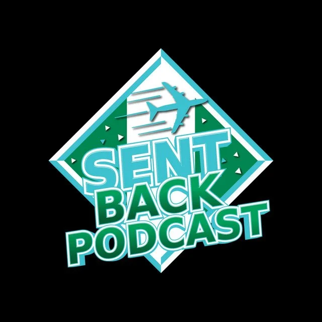 Logo for 'Sent Back Podcast' featuring a stylized airplane and an abstract design with shades of blue and green.