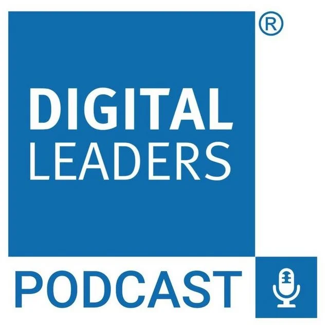 Digital Leaders Podcast logo with a blue background and a microphone icon.
