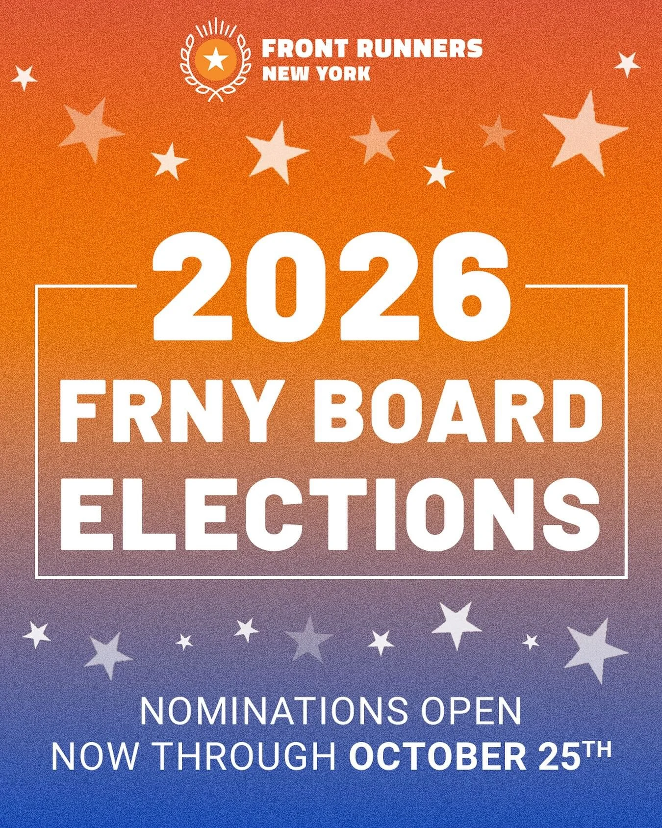 Last call for the election process for the 2026 FRNY Board of Directors! Now through October 25, the nominations period will be open for all seven positions. Any FRNY member in good standing who was a member of FRNY before Sep 1, 2025 is eligible to