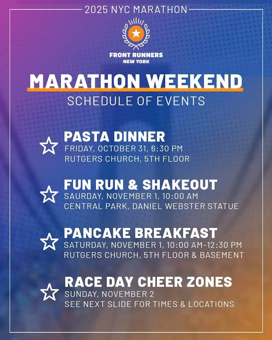 It’s ALMOST here! We’re getting ready to support our huge crew of Fronties running the @nycmarathon. Join us for events all weekend and, if you aren’t running, to cheer on our incredible club. We can’t wait to see you there. ?