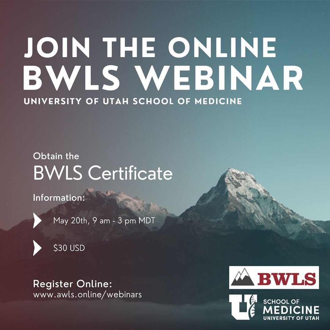 Join the online BWLS webinar from the University of Utah School of Medicine!

CME available:
Biking medicine, Climbing medicine, Hiking and Backpacking, Skiing and Snowboarding, Water Sports, Caring for an Injured Patient, How to Treat Wounds, Injure