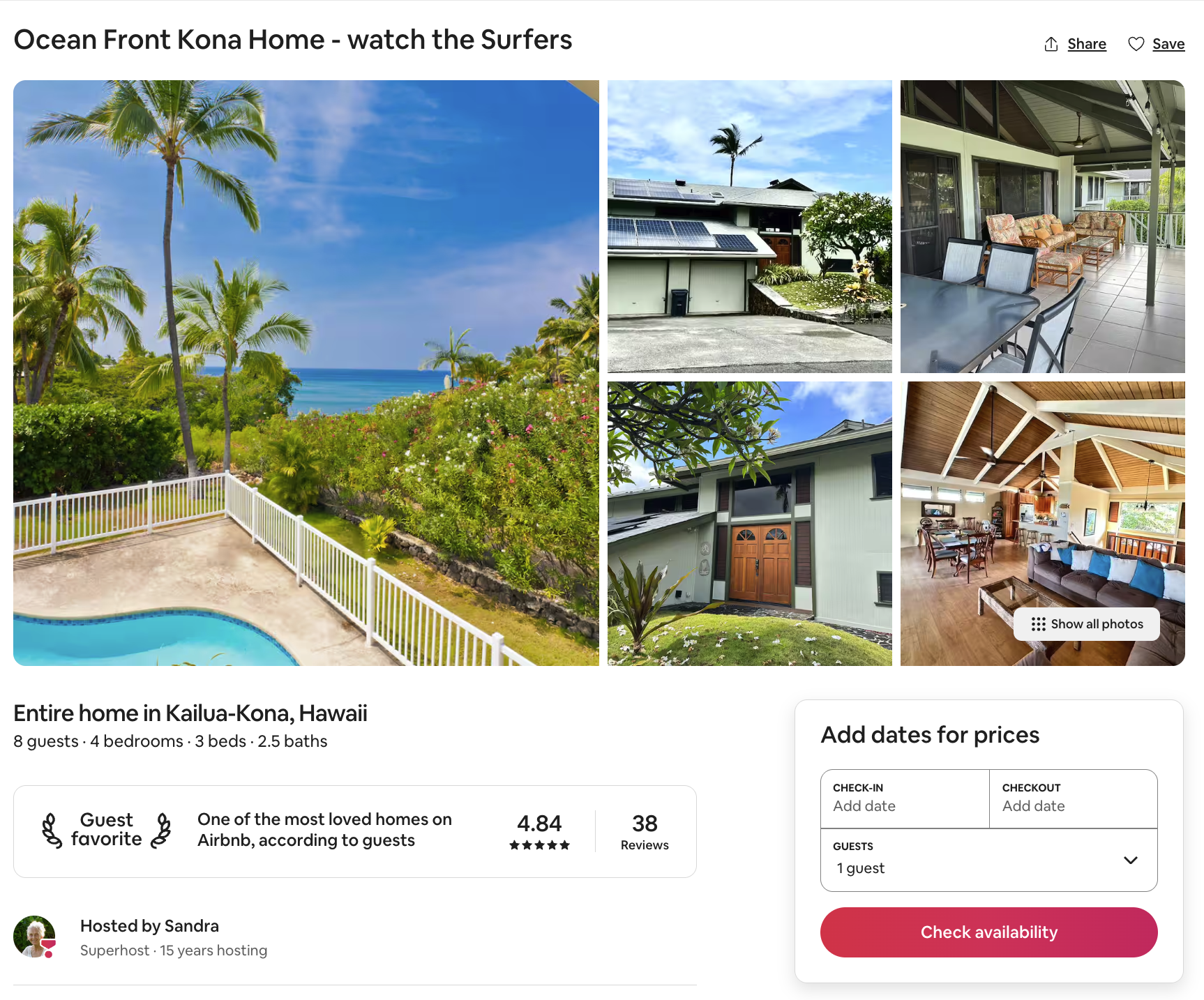 Images of a house in Hawaii with palm trees, a deck, a pool, a covered patio with furniture, and interior photos showing living and dining areas with high ceilings.