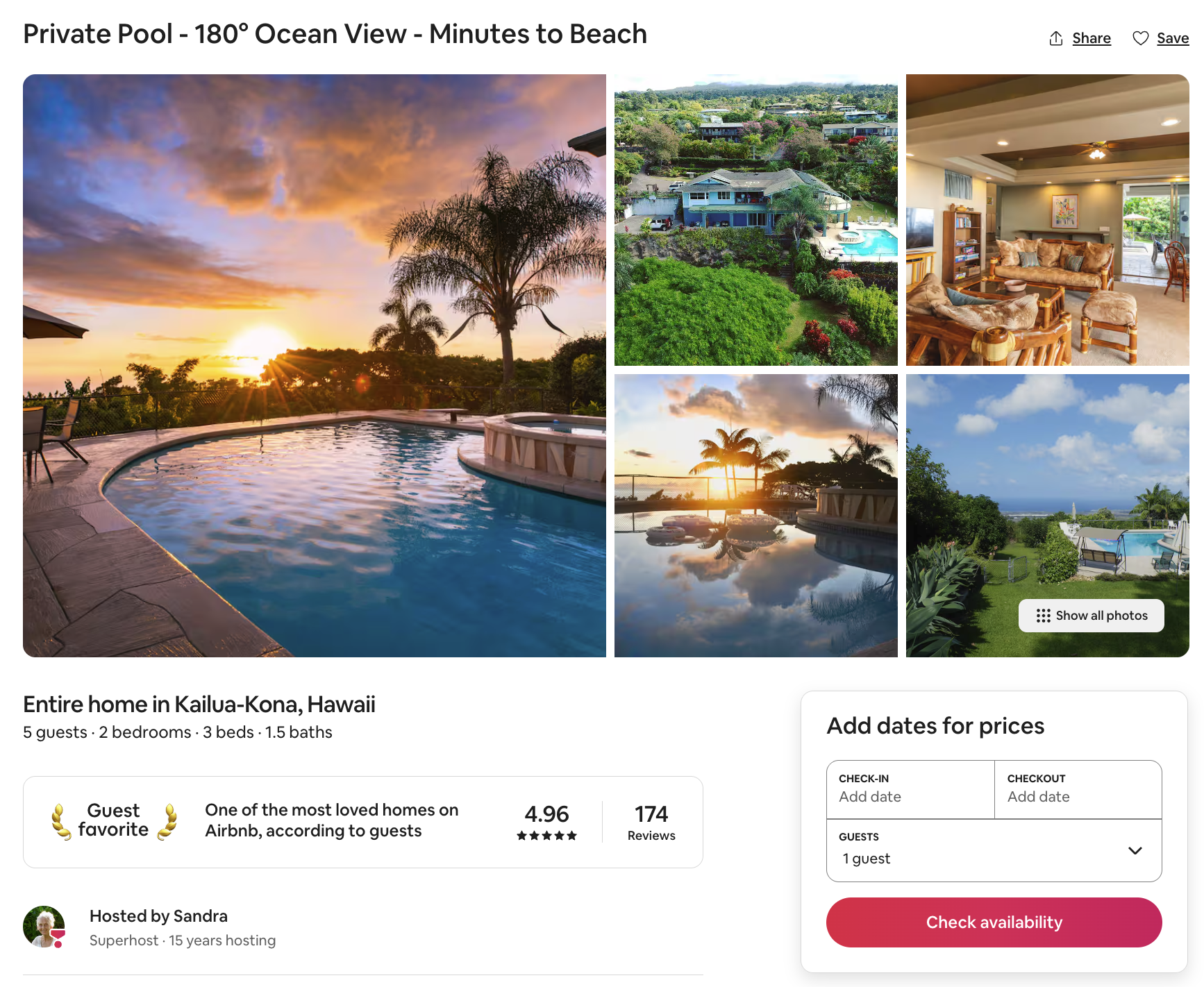 A collage of six photos from a Hawaiian home listing, showcasing a sunset over a private pool, aerial view of the house with lush greenery and a swimming pool, a cozy living room with wooden furniture, a sunset with palm trees reflecting on a pool, and a view of the backyard with a swimming pool and garden.
