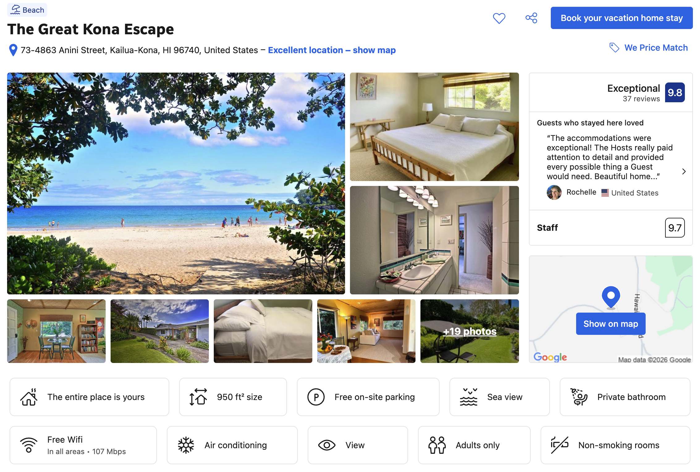 A travel listing page for The Great Kona Escape showing images of a beach, a bedroom, a bathroom, and outdoor surroundings in Kailua-Kona, Hawaii.