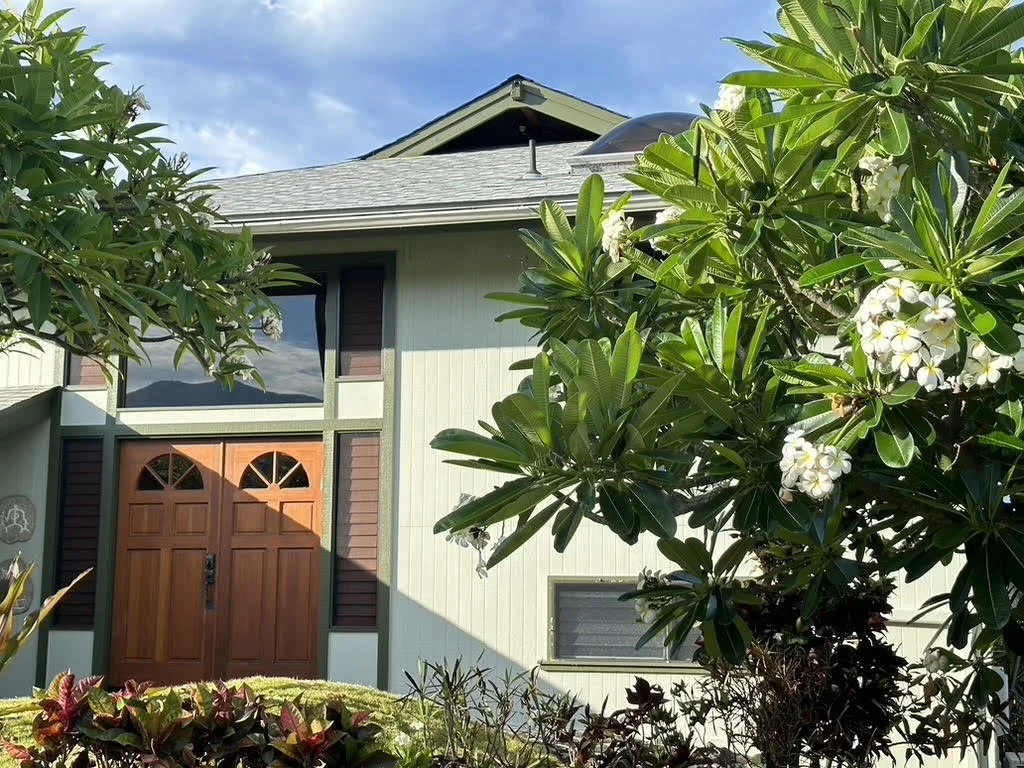 Front view of a two-story house with a wooden front door, surrounded by green leafy plants and white flowers, under a blue sky with some clouds.