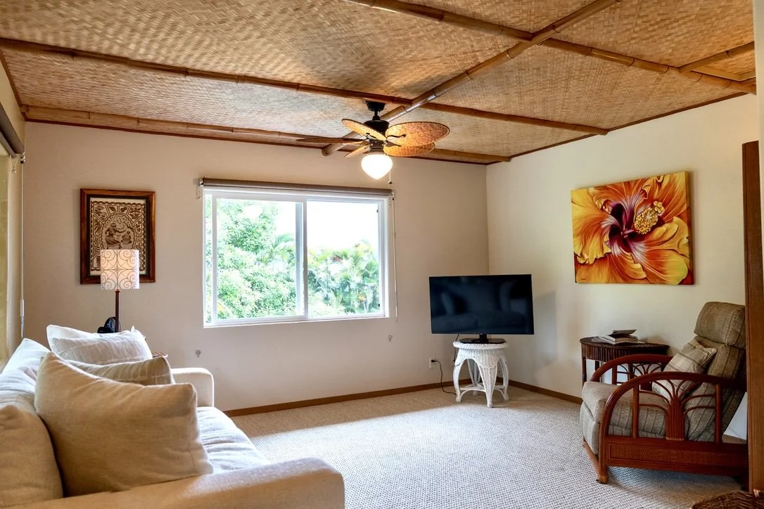 Living room with a window showing greenery outside, beige couch with pillows, a flat-screen TV on a small table, colorful floral artwork on the wall, a patterned lampshade, and a wicker ceiling fan.