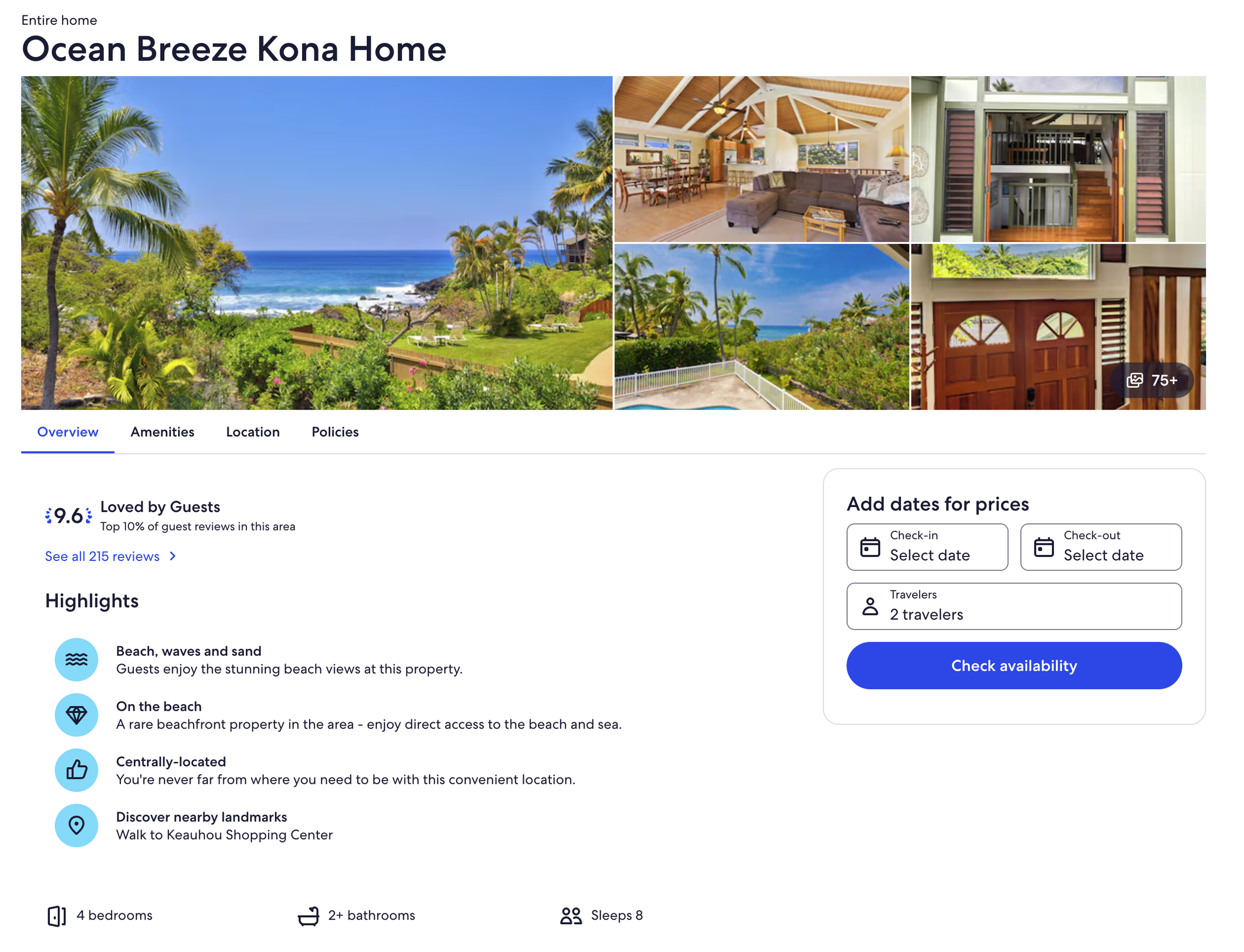 Screenshot of the Ocean Breeze Booking.com listing, showing the reservation interface and photo gallery for this Big Island vacation rental in Kona.
