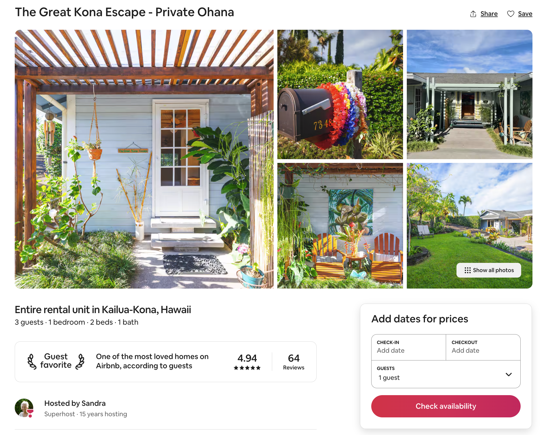 Photos of a rental property called 'The Great Kona Escape - Private Ohana' in Kailua-Kona, Hawaii, showing an outdoor porch, a mailbox decorated with flowers, a house with a covered front entrance, a sitting area with chairs and plants, and a backyard garden with lush greenery and a small lawn.