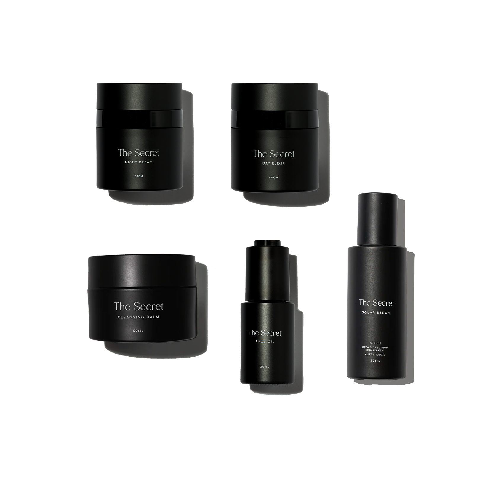Collection of black skincare product bottles and jars with minimalist white text labels, including night cream, day elixir, cleansing balm, face oil, and solar serum, arranged on a black background.