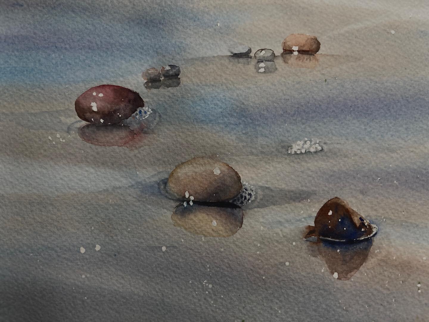 still working through the composition, colours, etc. One mission accomplished the sand and stones look wet. #watercoloursand #watercolourpebbles