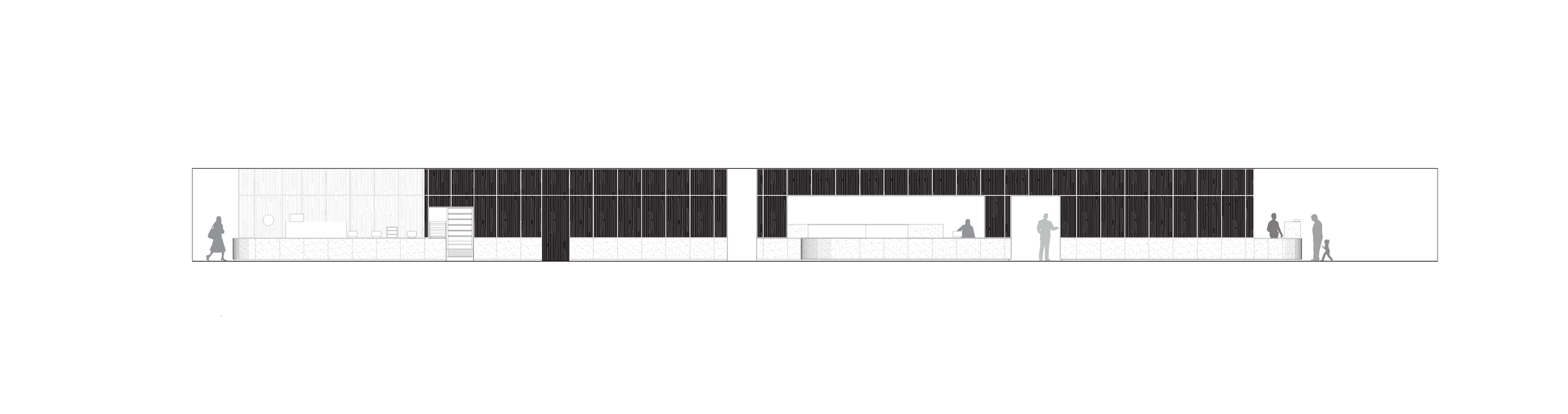 Architectural elevation drawing of a modern building with black and white panels, people walking and interacting outside, and a person sitting inside.