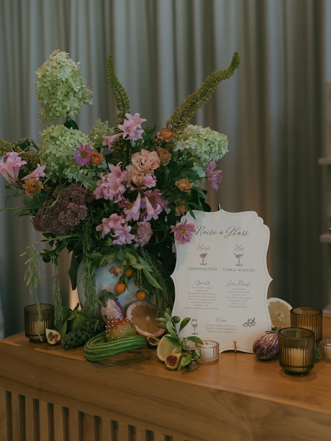Bar arrangements are always a favorite to design. They are a welcome break from the recipe, always unique, and usually a bit wild. When I saw these fairytale eggplants and curly cucumbers at the farmers market, I knew I had to add them to the vignett