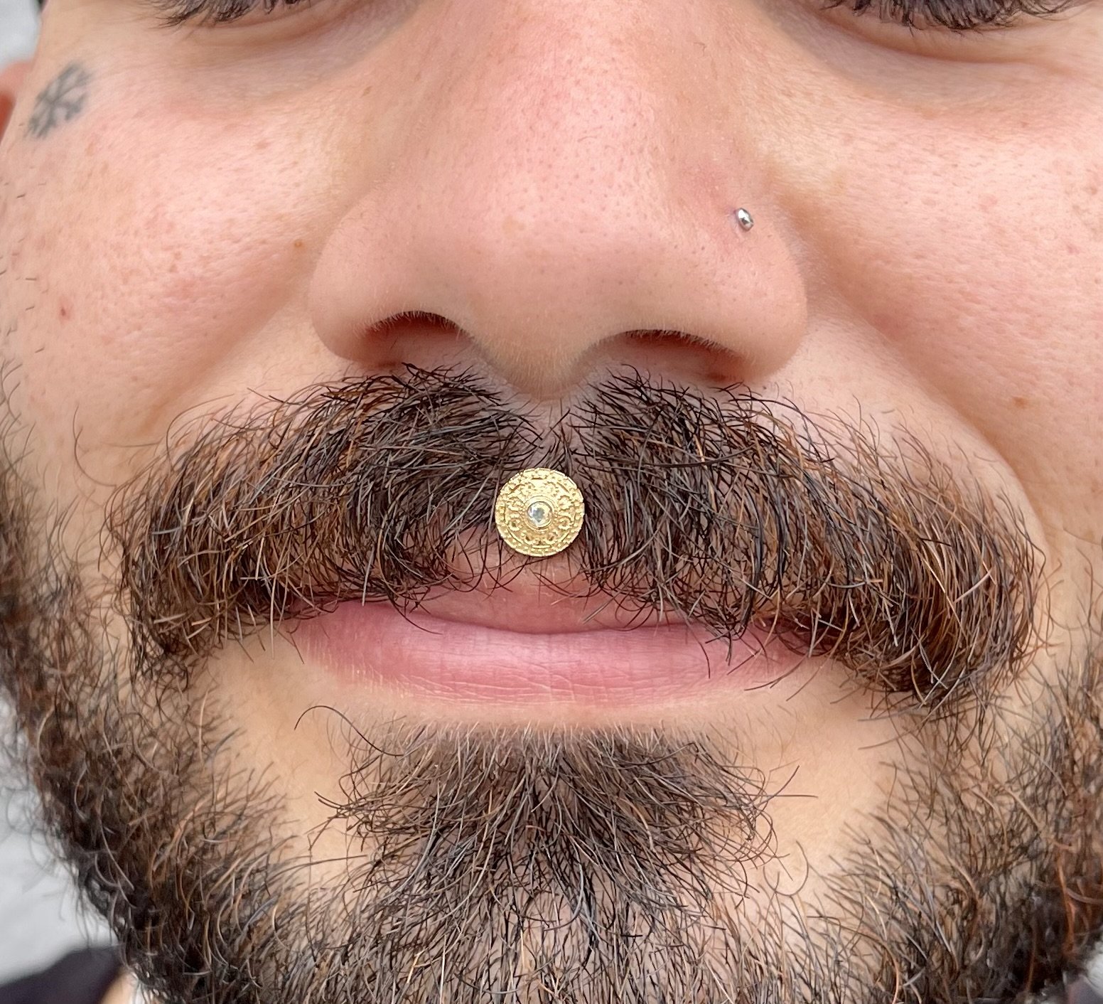 Close-up of a person's face with a septum piercing, mustache, beard, and nose stud.