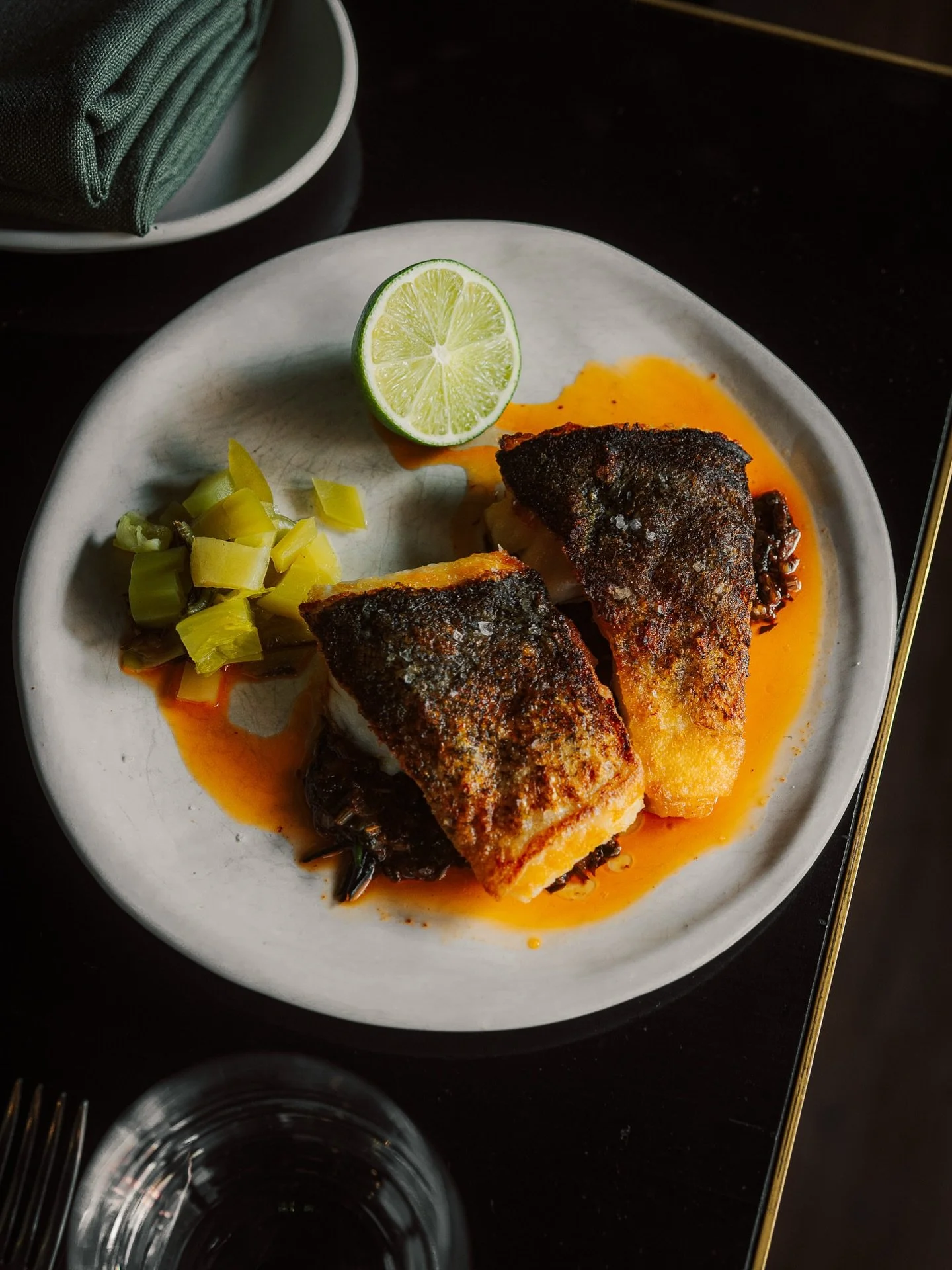 Murray cod, chermoula, sea blite, mustard pickle, lime.