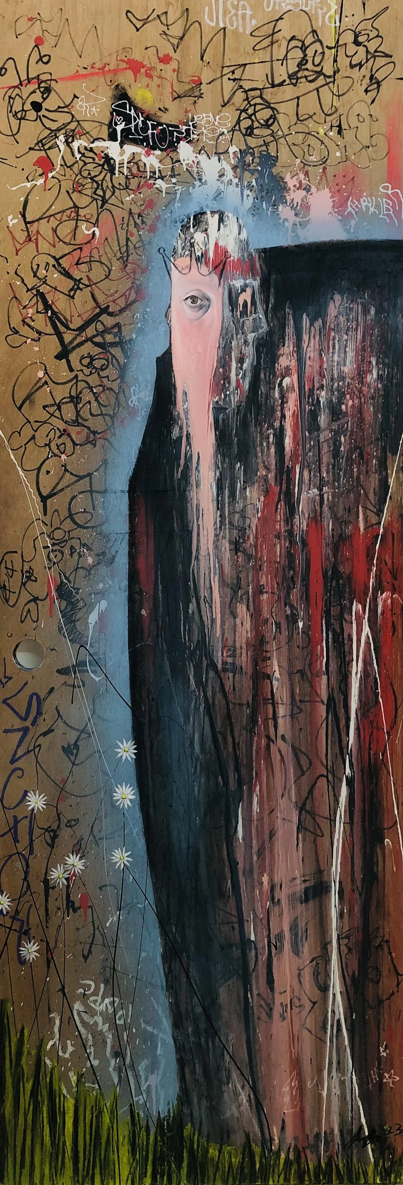 "Lost and Found: 
Mixed media on reclaimed wooden door, 
80 in x 27 in