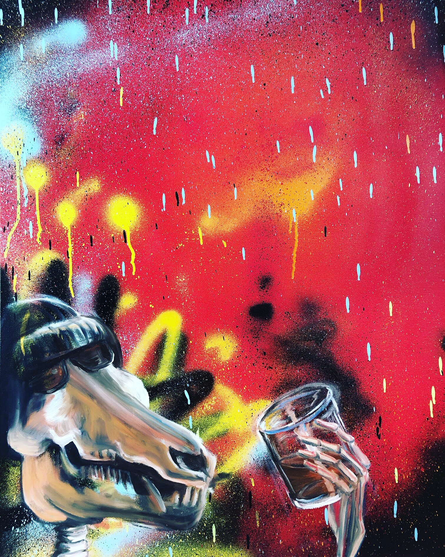 "Have a Whiskey" 
Oil paint and spray paint on canvas 
30 x 40 in. 