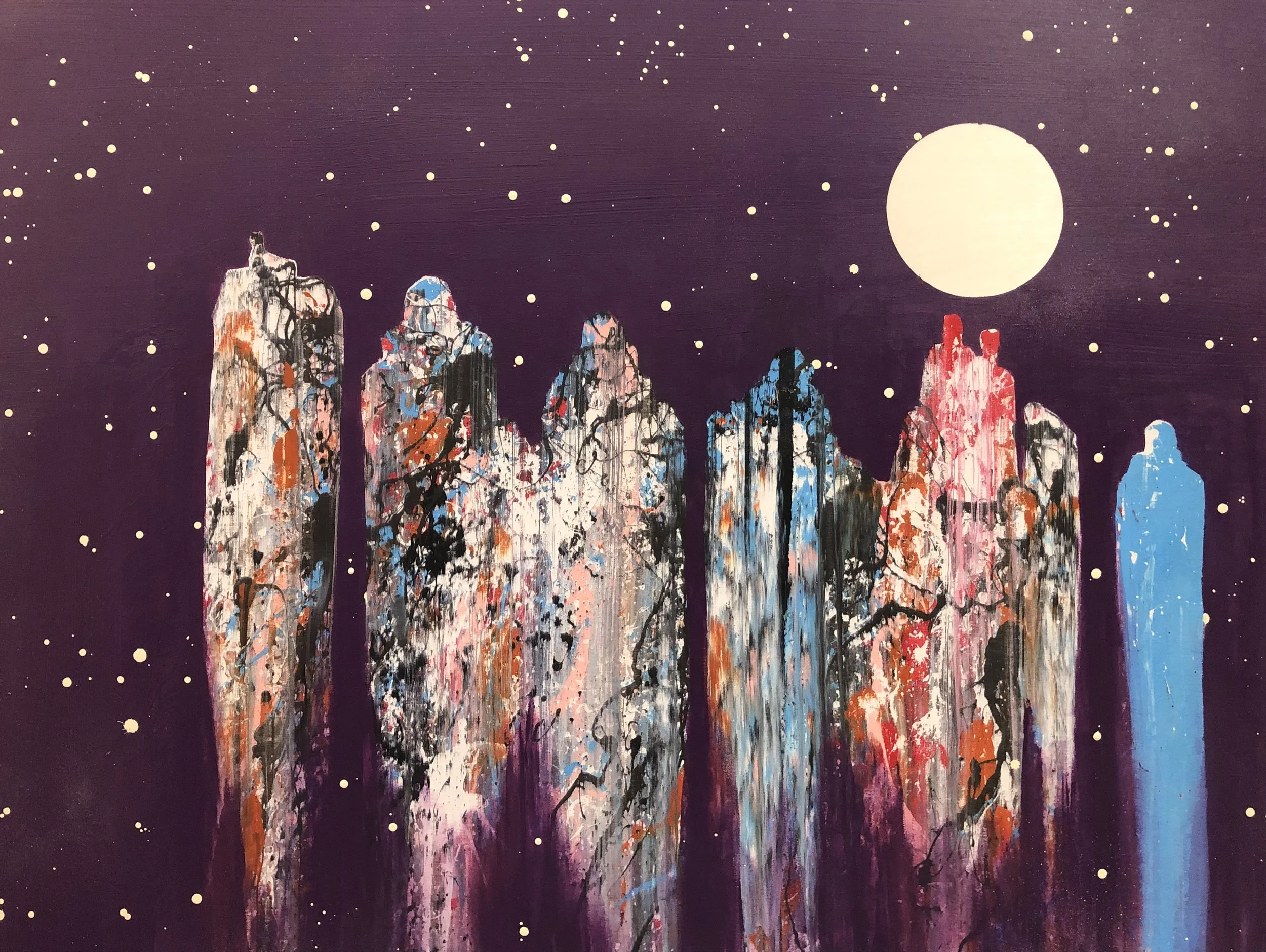 "Figures in Purple 1" 
Industrial paint on wood panel,
30 in x 40 in