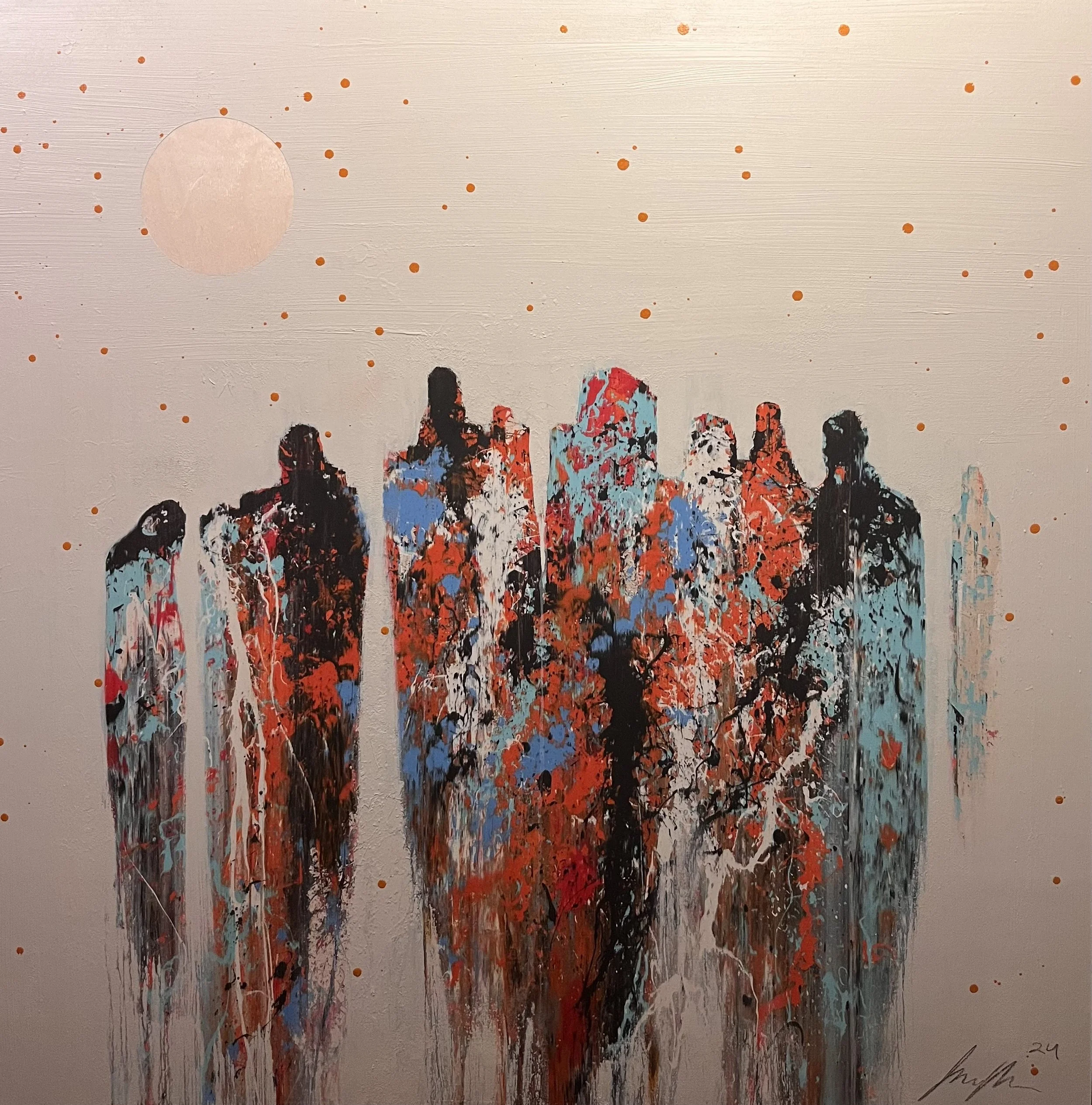 "Figures in White 2" 
Industrial paint on wood panel, 
40 in x 40 in