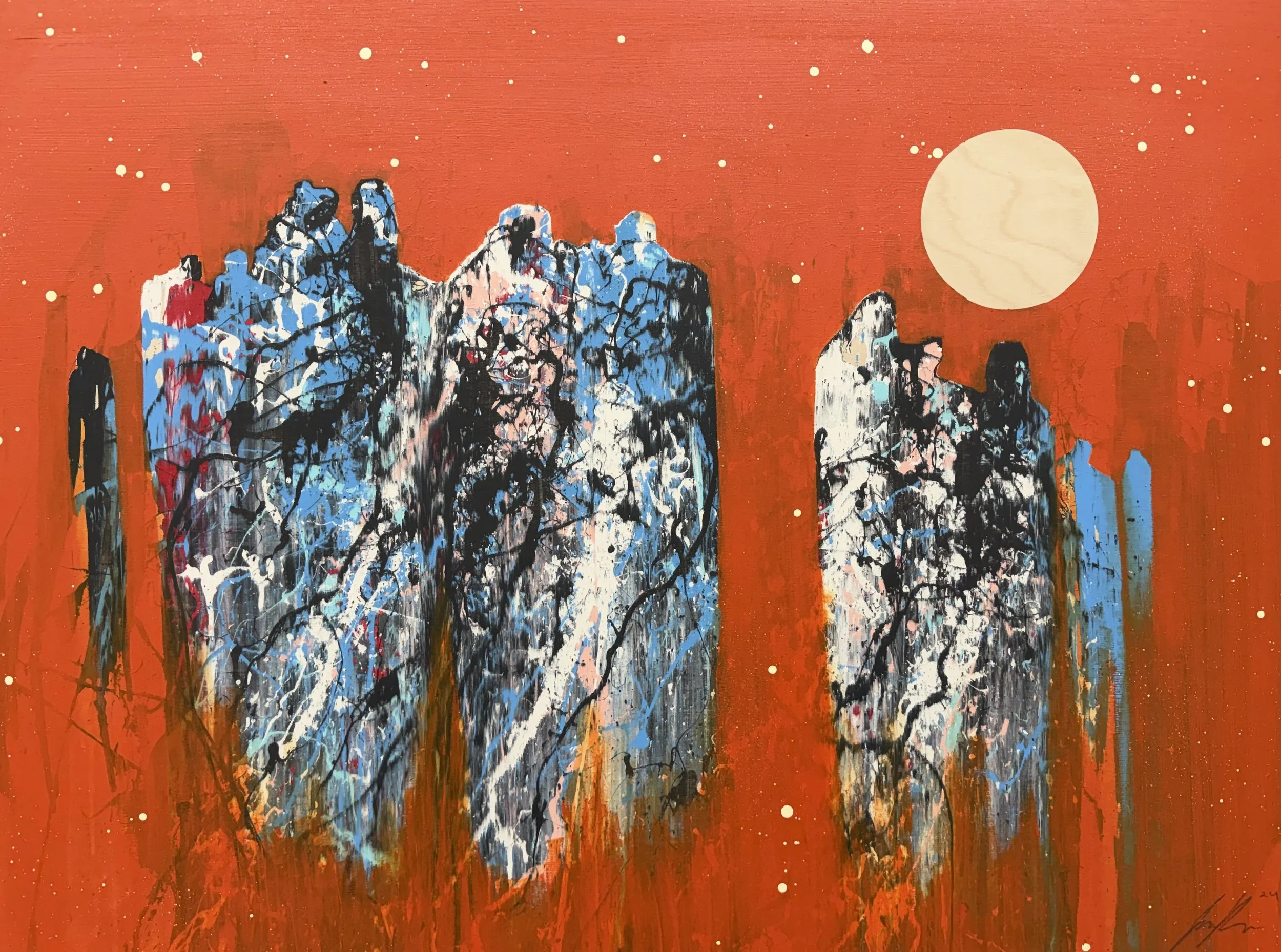 "Figures in Orange 6" 
Industrial paint on wood panel, 
30 in x 40 in