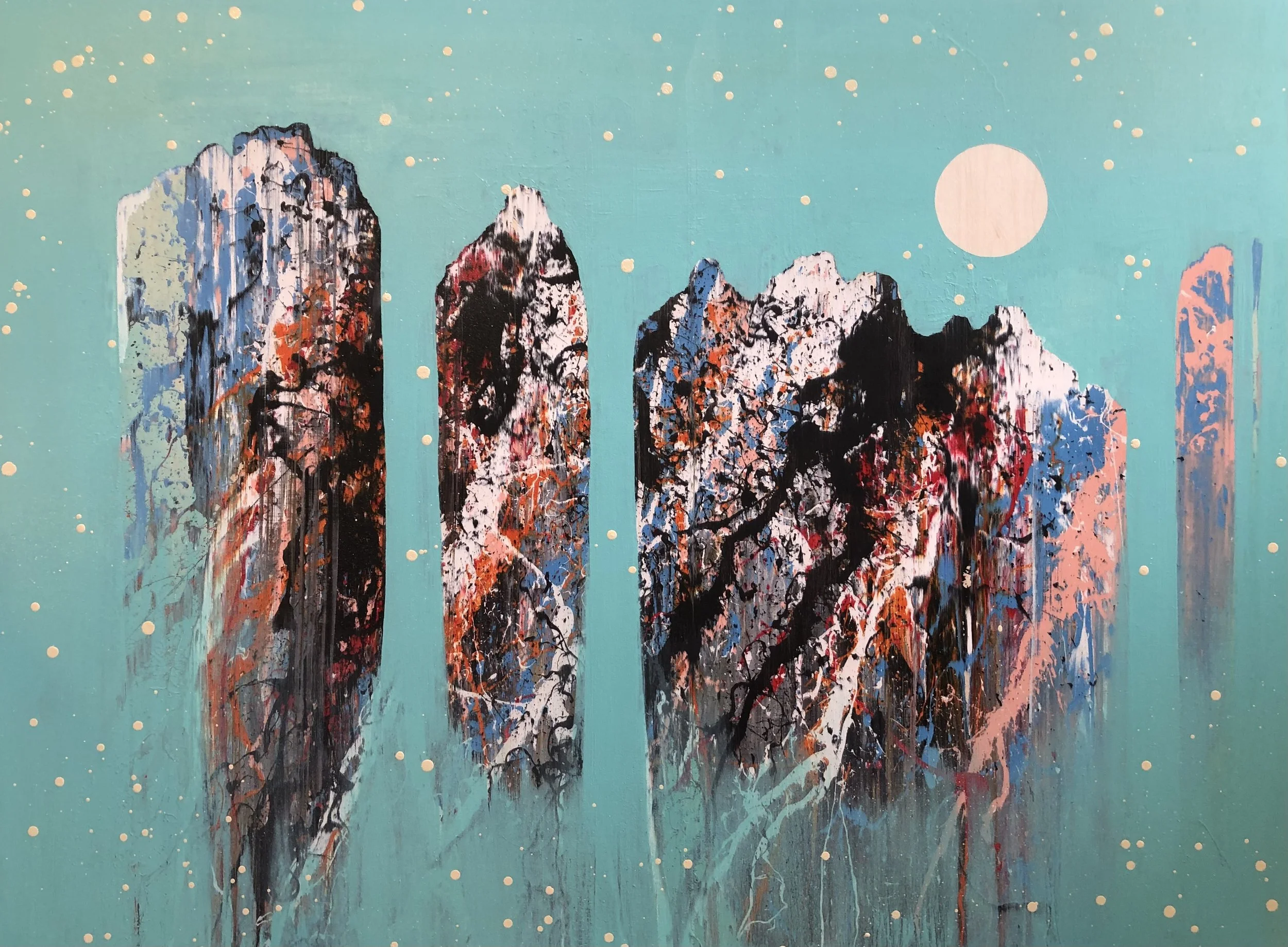 "Figures in Teal 5" Industrial paint on wood panel, 30 in. x 40 in.