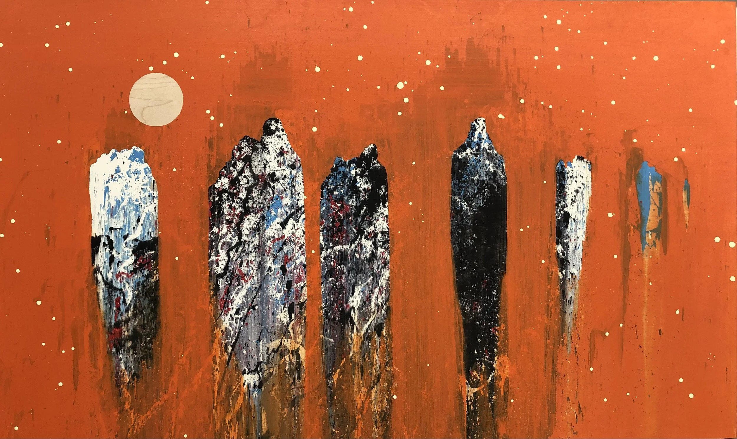 "Figures in Orange 9" 
Industrial paint on wood panel,
36 in x 60 in