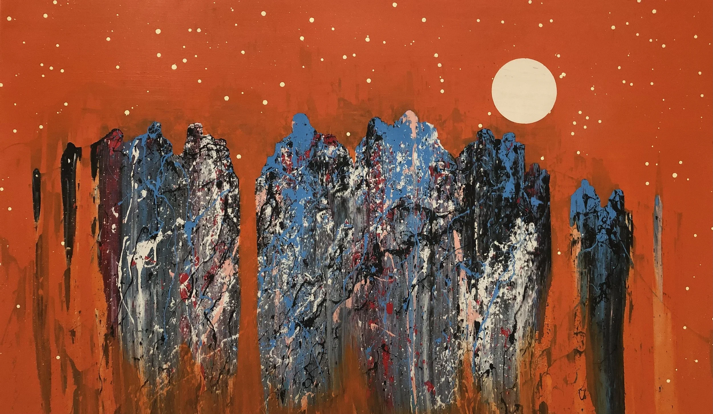"Figures in Orange 8" 
Industrial paint on wood panel,
36 in x 60 in