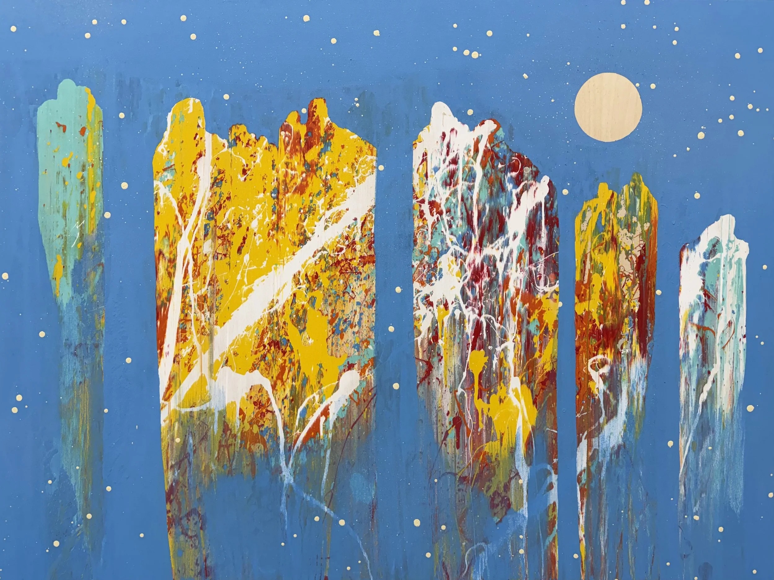 "Figures in Blue 13" Industrial paint on wood panel, 30 in. x 40 in.