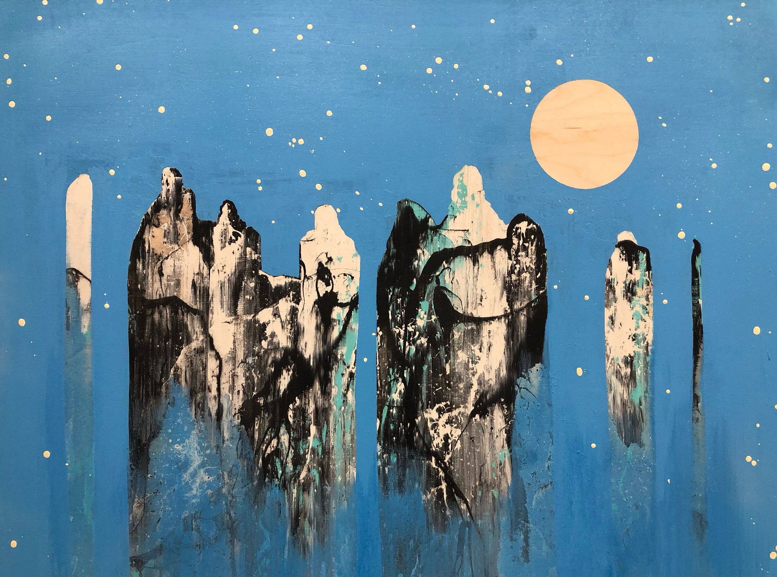 "Figures in Blue 11" 
Industrial paint on wood panel,
30 in x 40 in