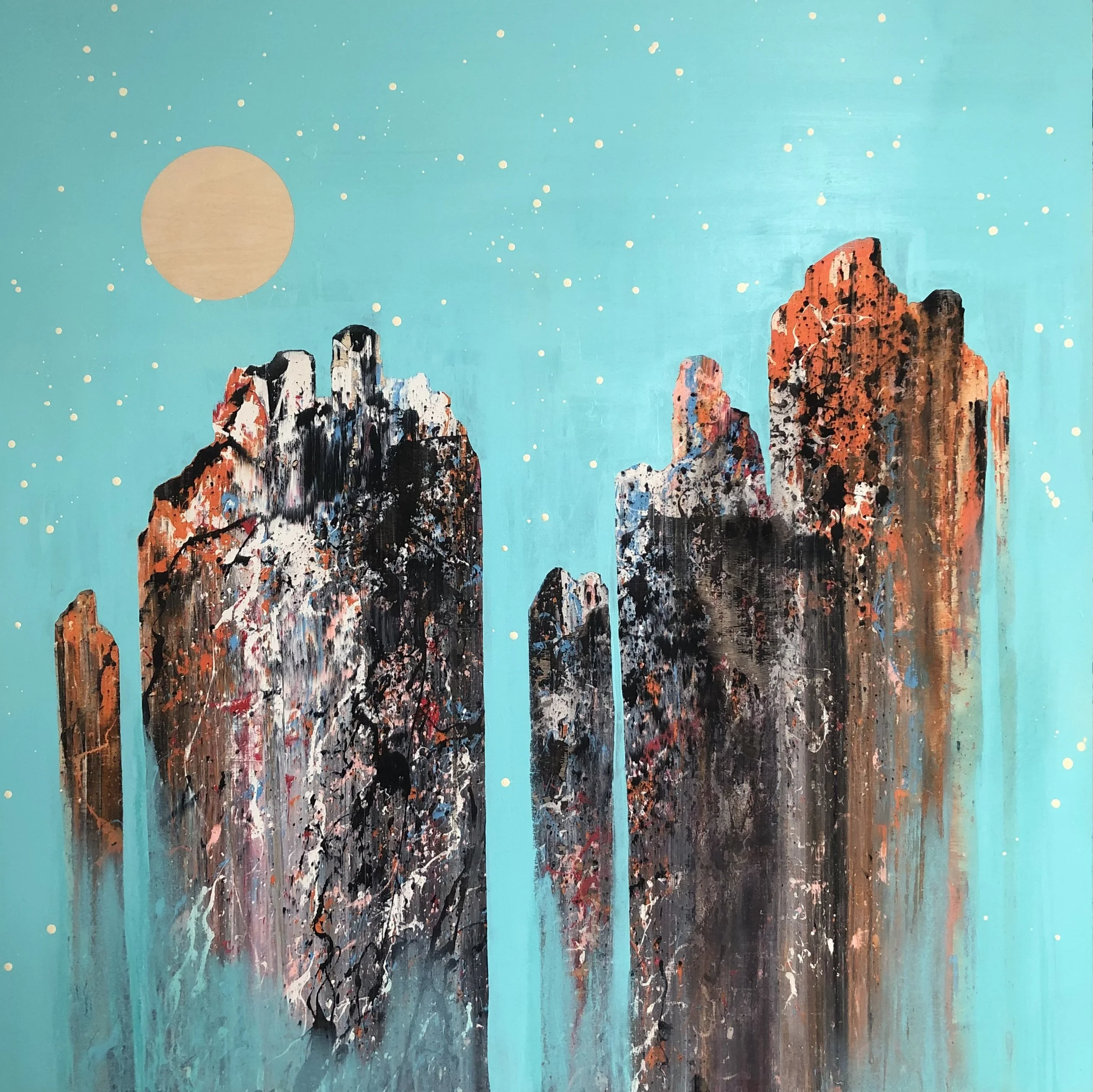 "Figures in Teal 3" 
Industrial paint on wood panel,
40 in x 40 in