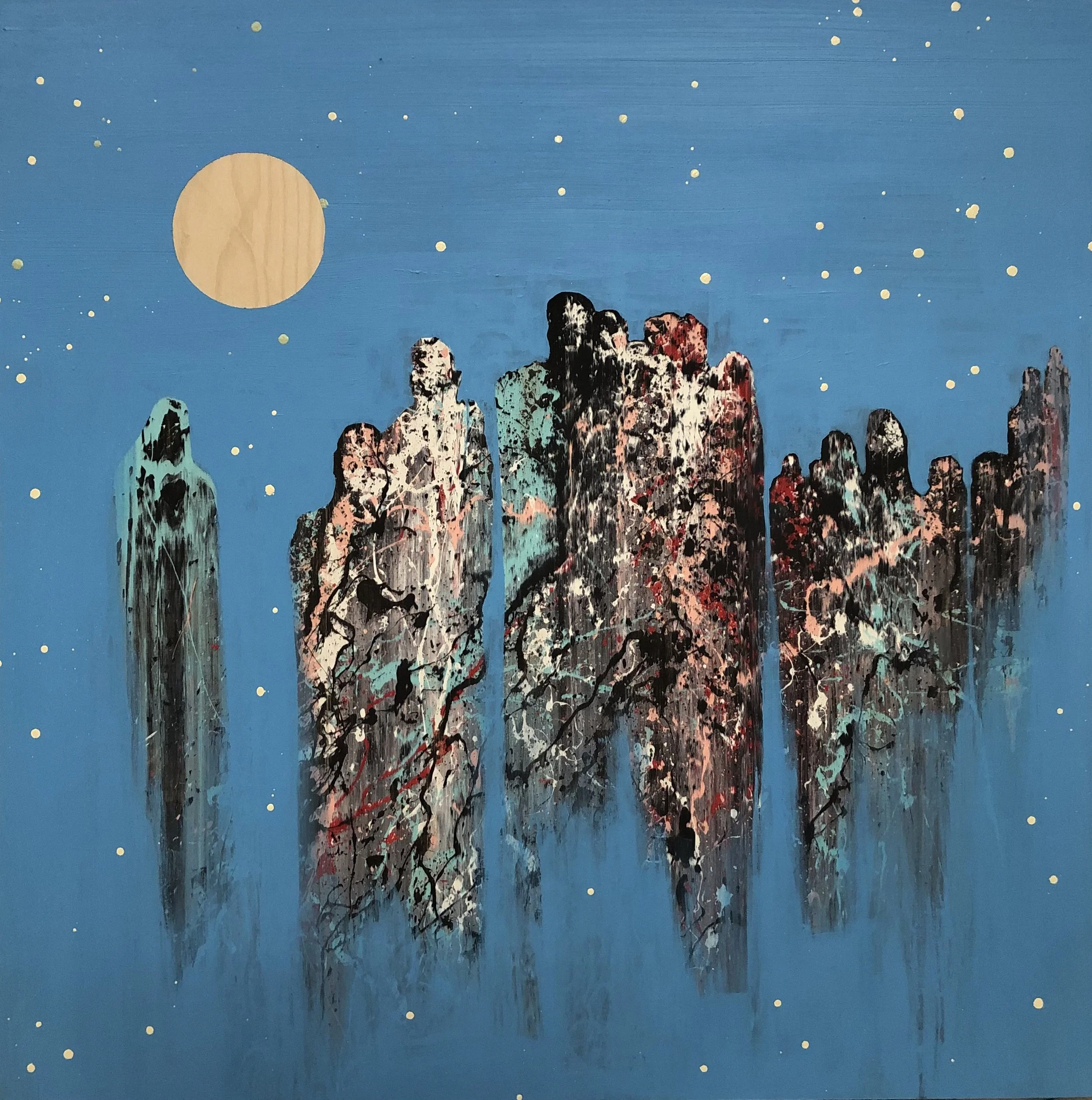 "Figures in Blue 3" 
Industrial paint on wood panel, 
40 in x 40 in