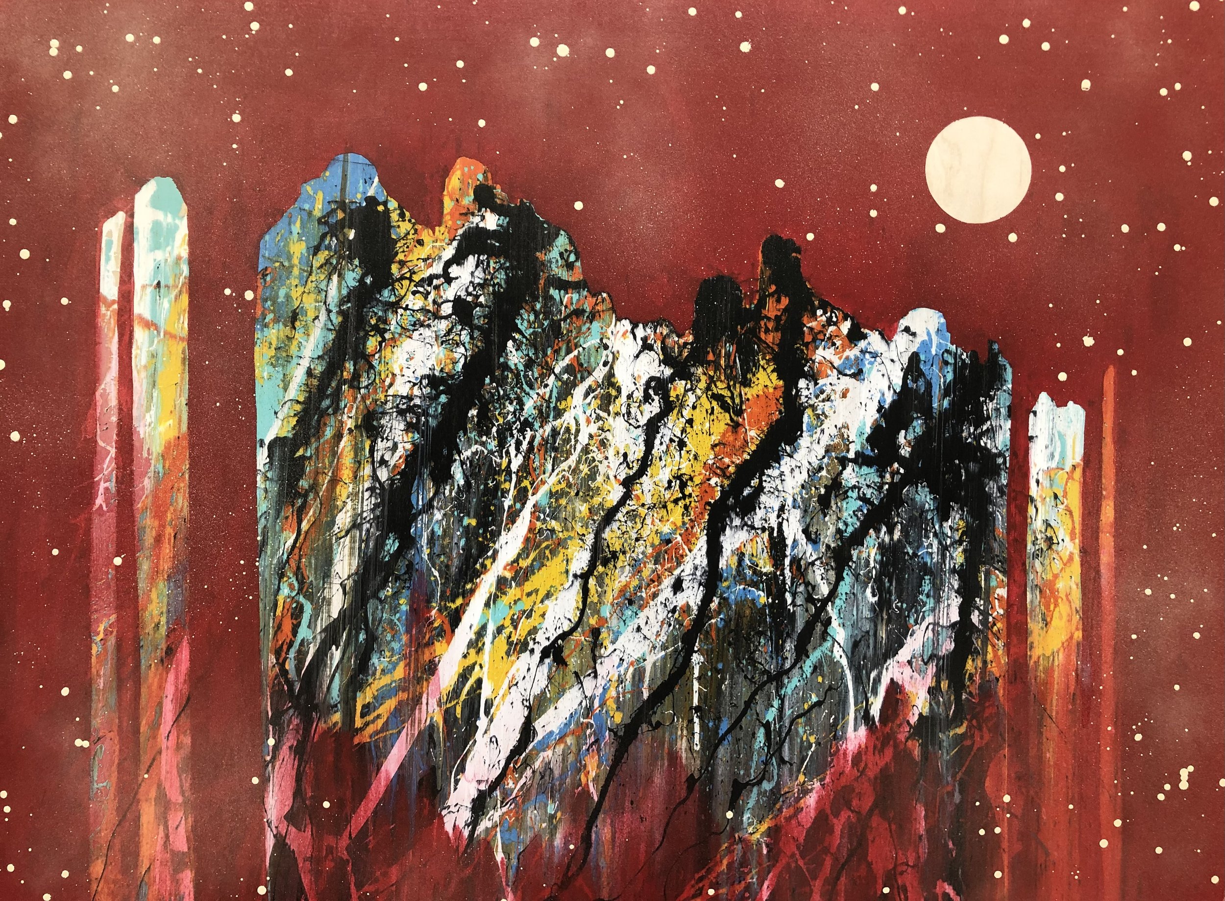 "Figures in Red 1" Industrial paint on wood panel, 30 in. x 40 in.