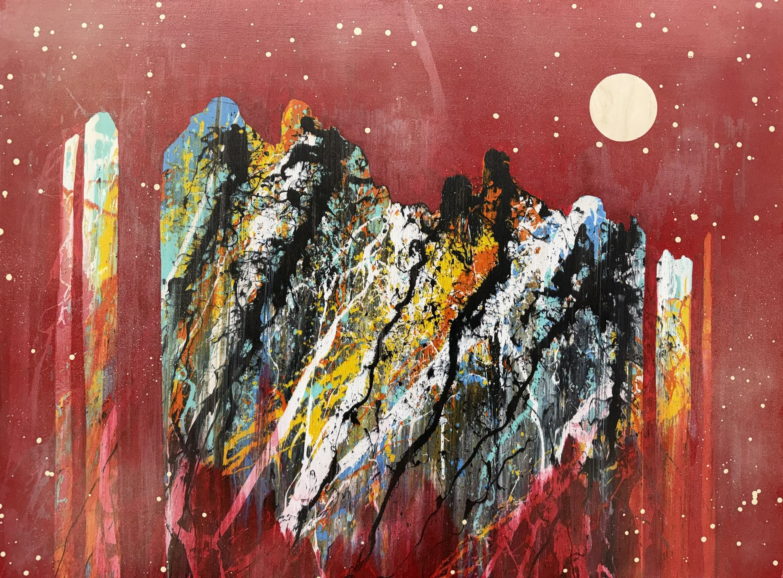"Figures in Red 1" Industrial paint on wood panel, 30 in. x 40 in.