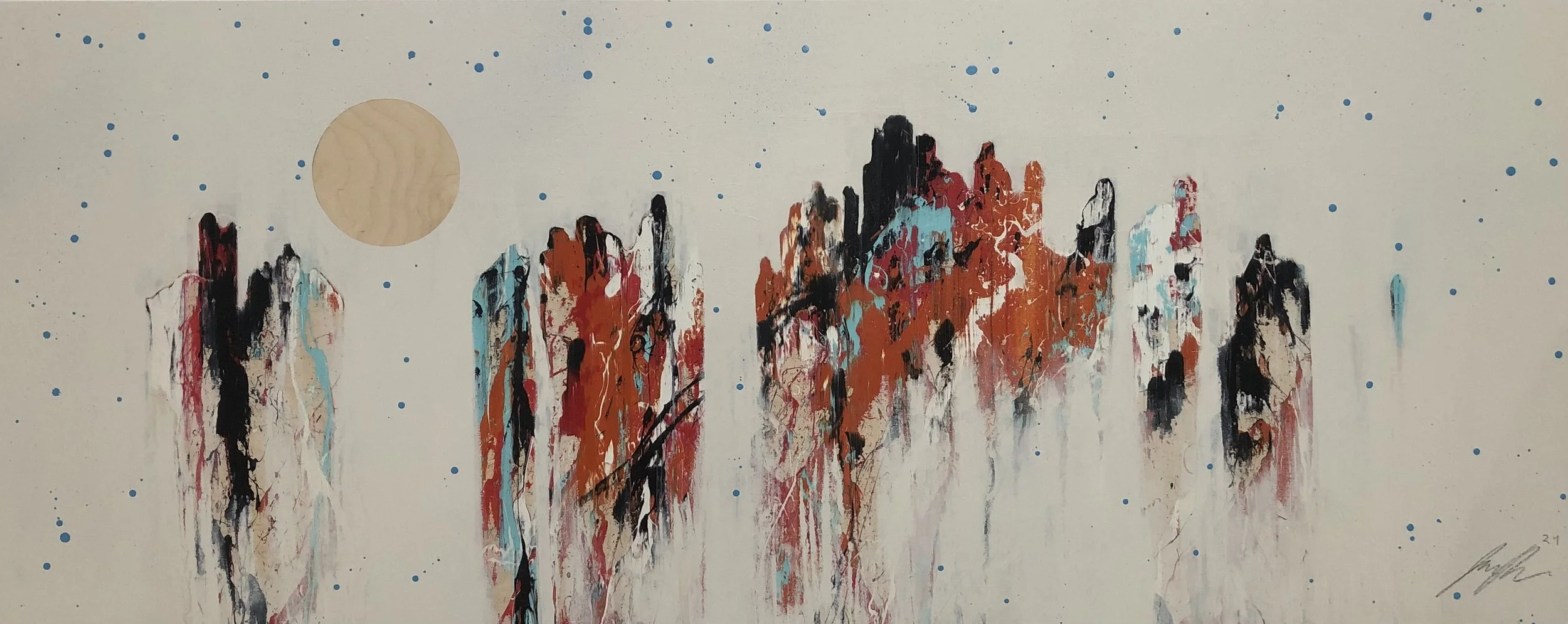 "Figures in White 3" 
Industrial paint on wood panel, 
24 in x 60 in