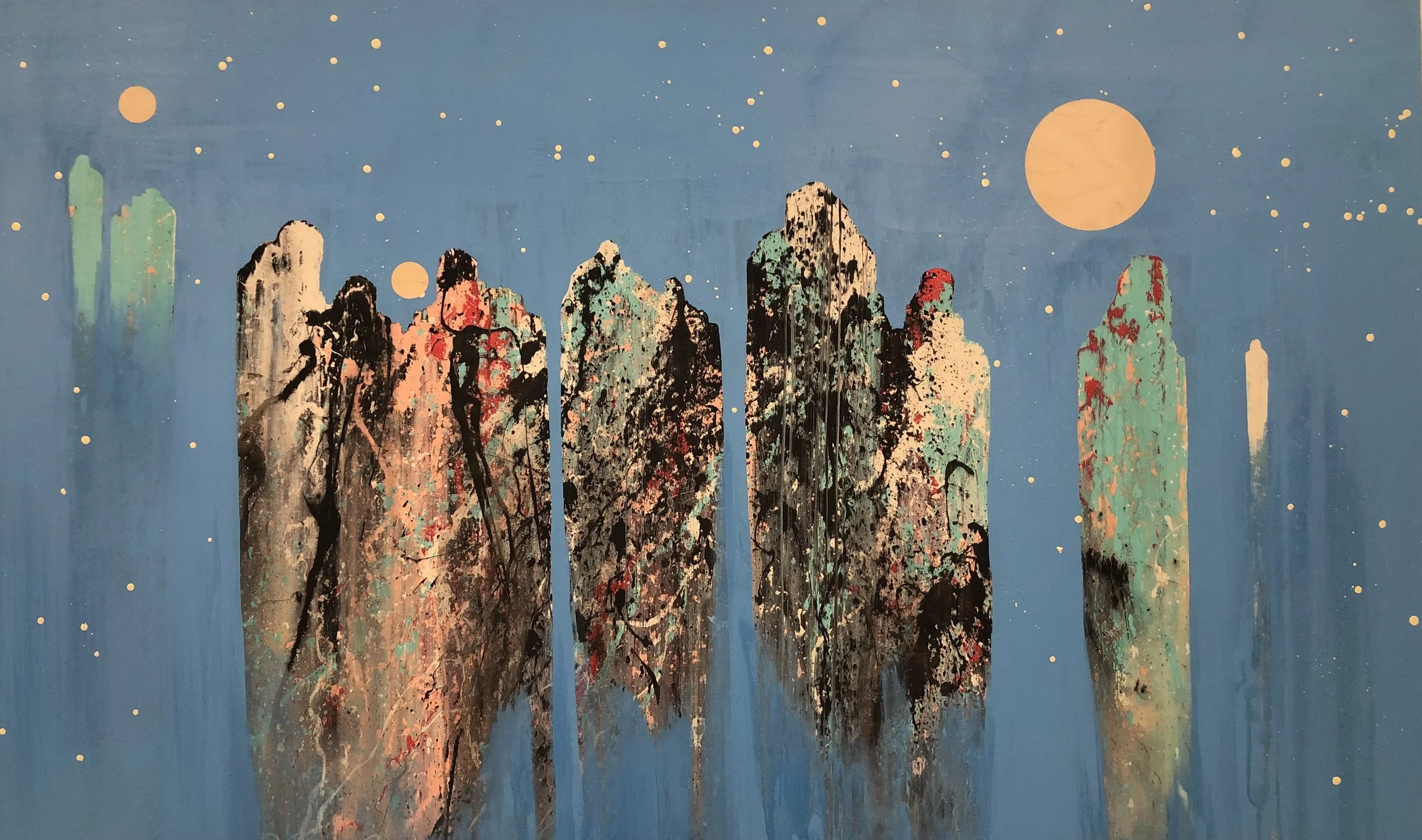 "Figures in Blue 10" 
Industrial paint on wood panel,
36 in x 60 in