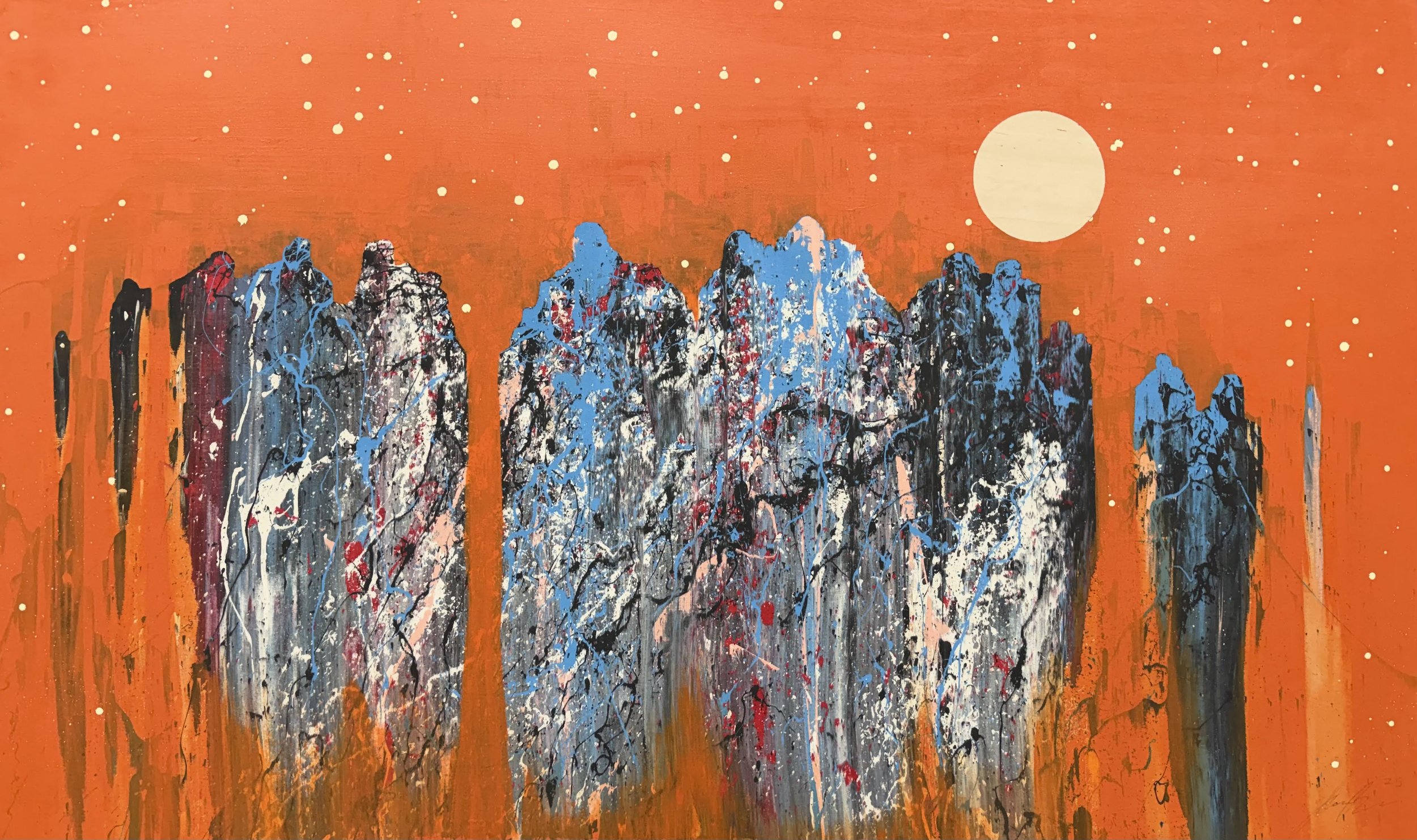 "Figures in Orange 8" 
Industrial paint on wood panel,
36 in x 60 in