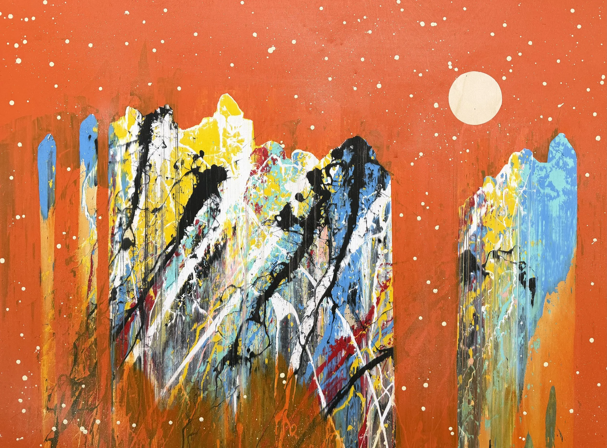 "Figures in Orange 10" Industrial paint on wood panel, 36 in. x 60 in.