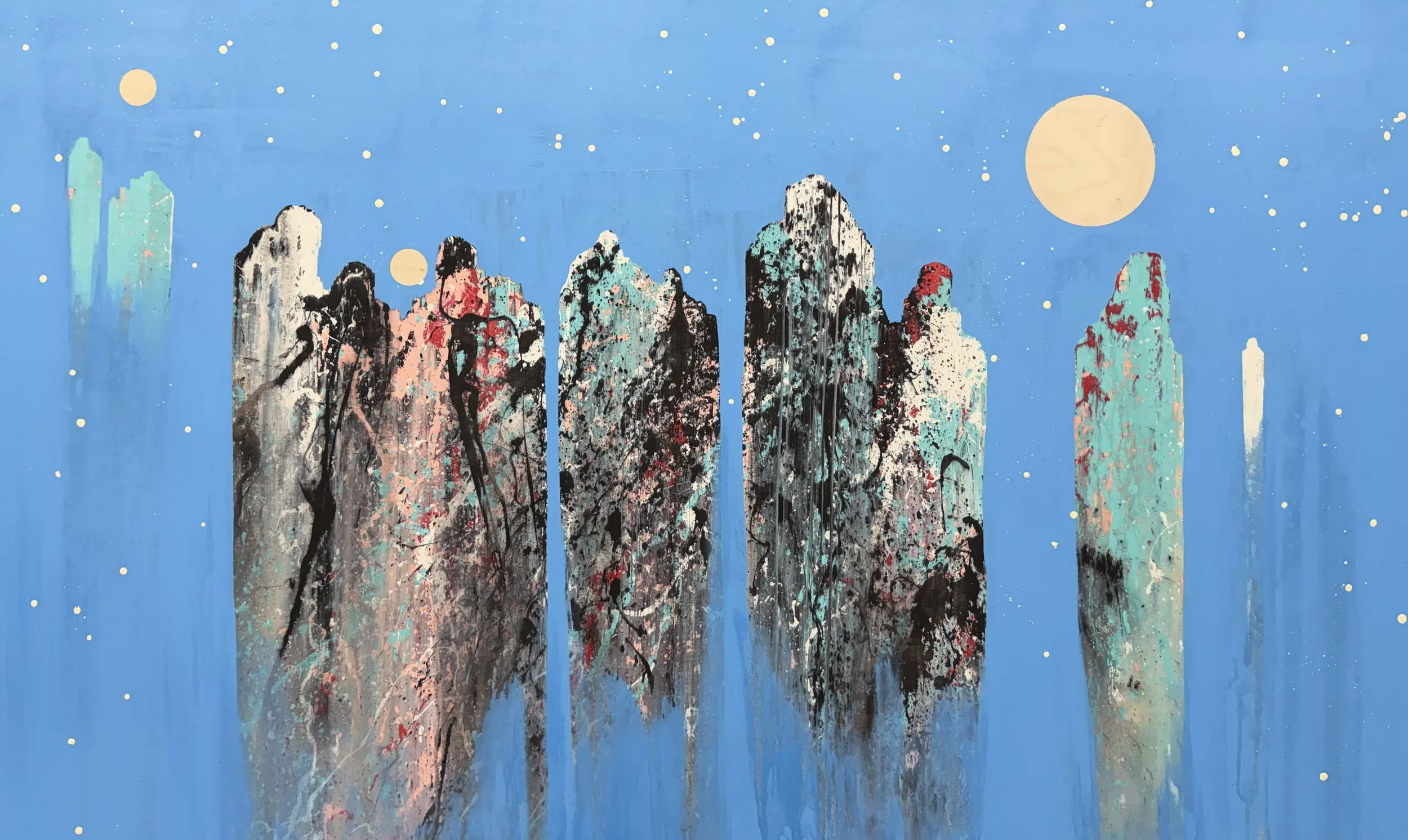 "Figures in Blue 10" 
Industrial paint on wood panel,
36 in x 60 in