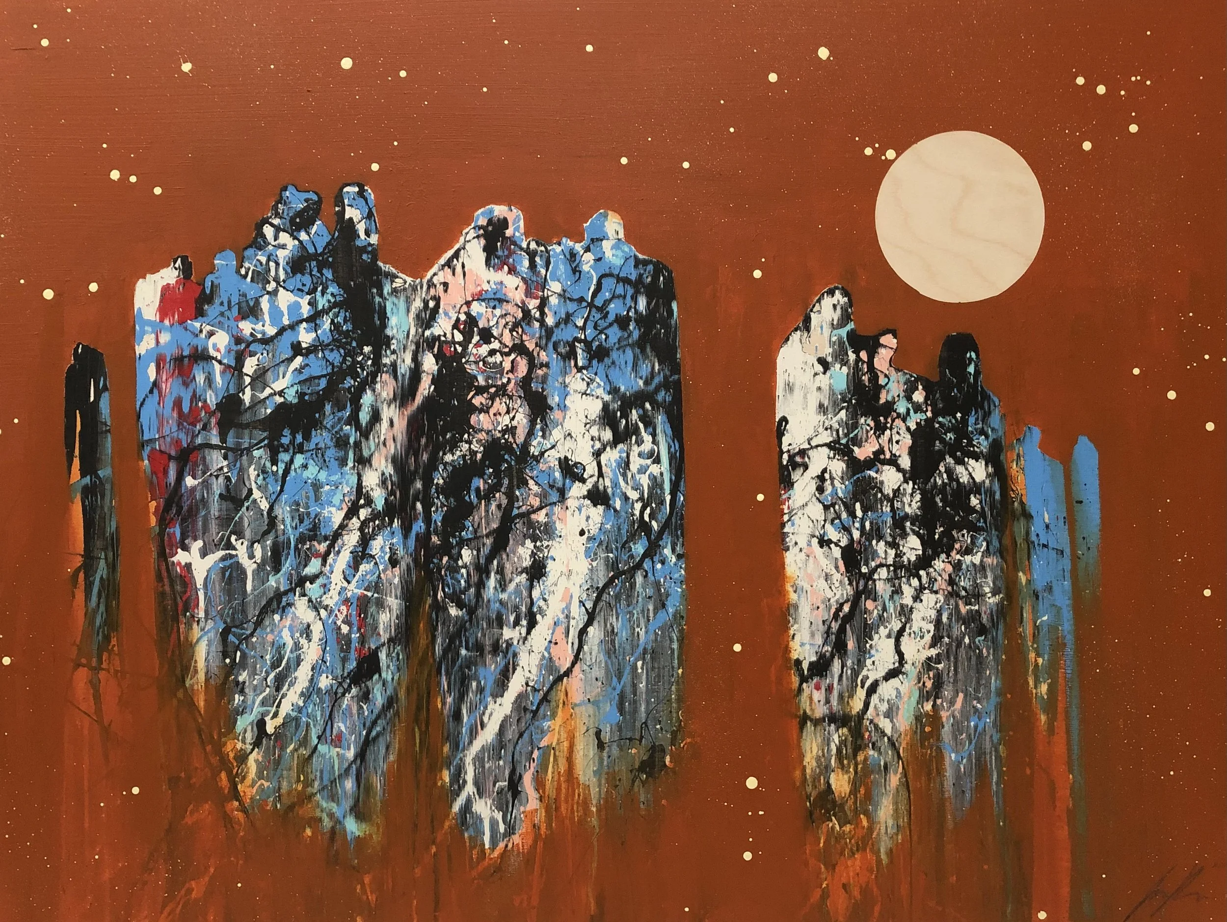 "Figures in Orange 6" 
Industrial paint on wood panel, 
30 in x 40 in