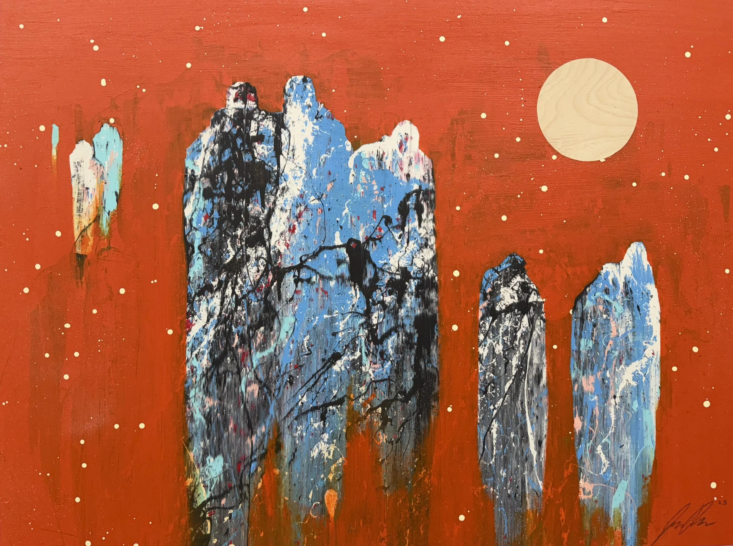 "Figures in Orange 7" 
Industrial paint on wood panel,
30 in x 40 in