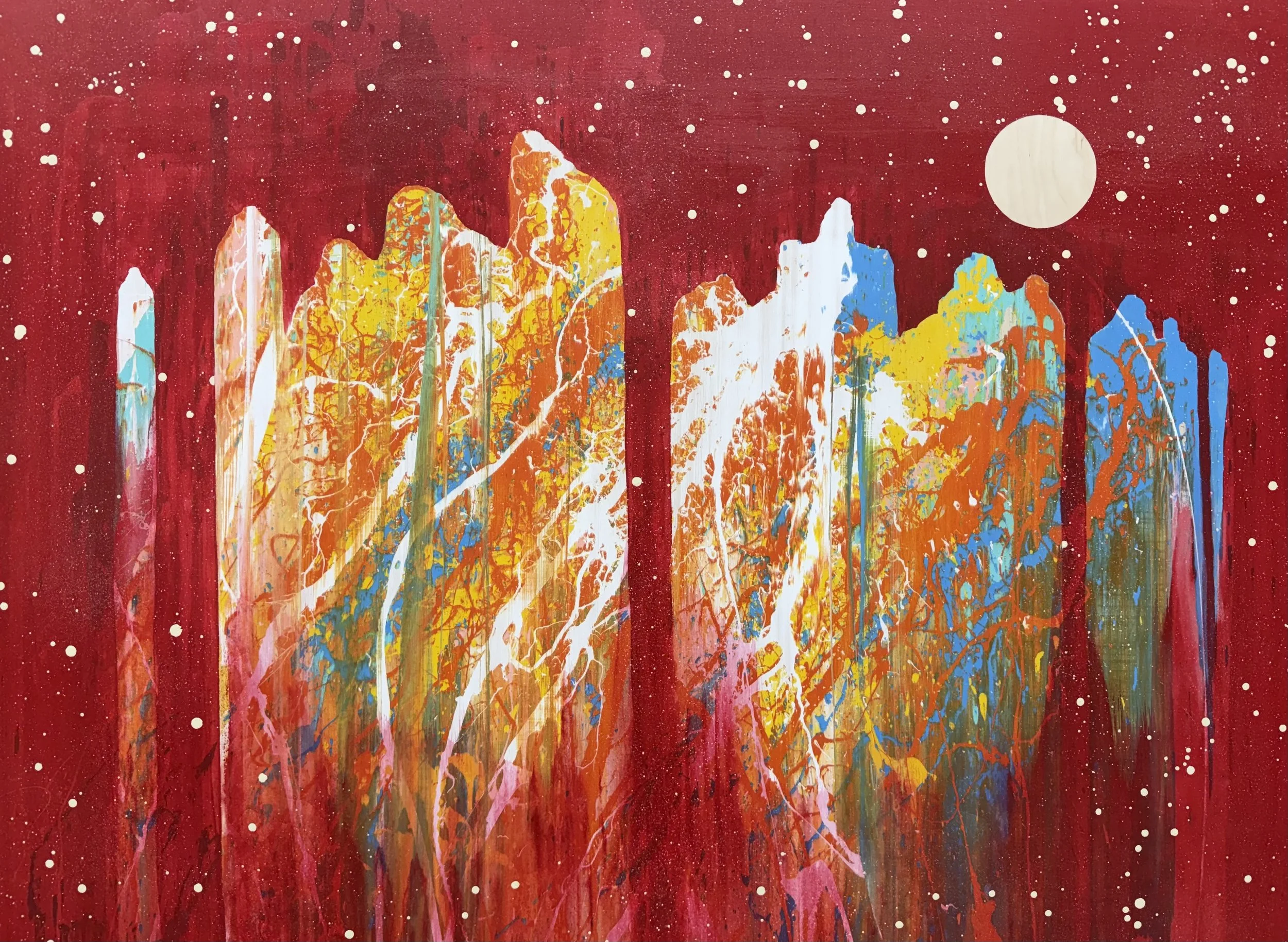 "Figures in Red 2" Industrial paint on wood panel, 30 in. x 40 in.
