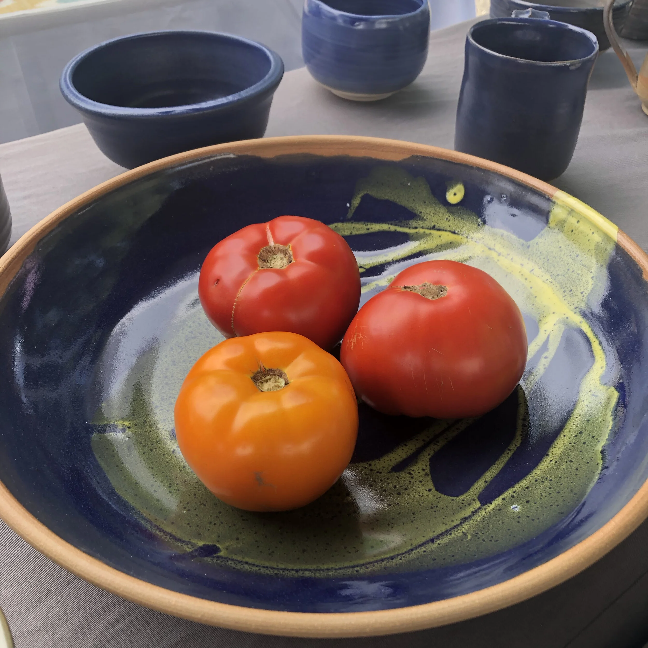 Platter, stoneware fired to cone 6, frost glaze with yellow decoration, 2019