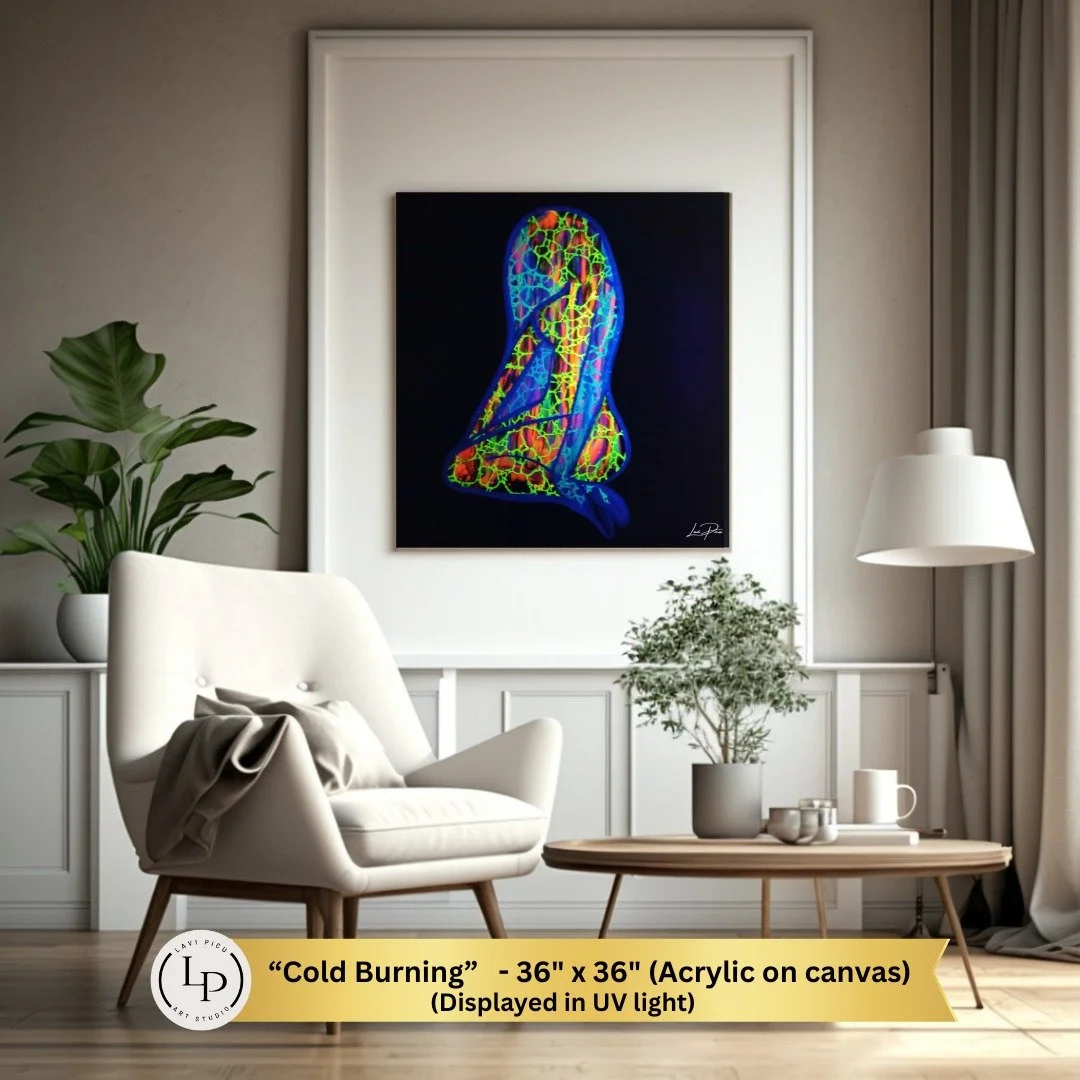 "Cold Burning" is a striking contemporary artwork that gives visual form to one of the most elusive and debilitating symptoms of Lyme disease—the paradoxical sensation of cold burning that migrates beneath the skin. Through layered co