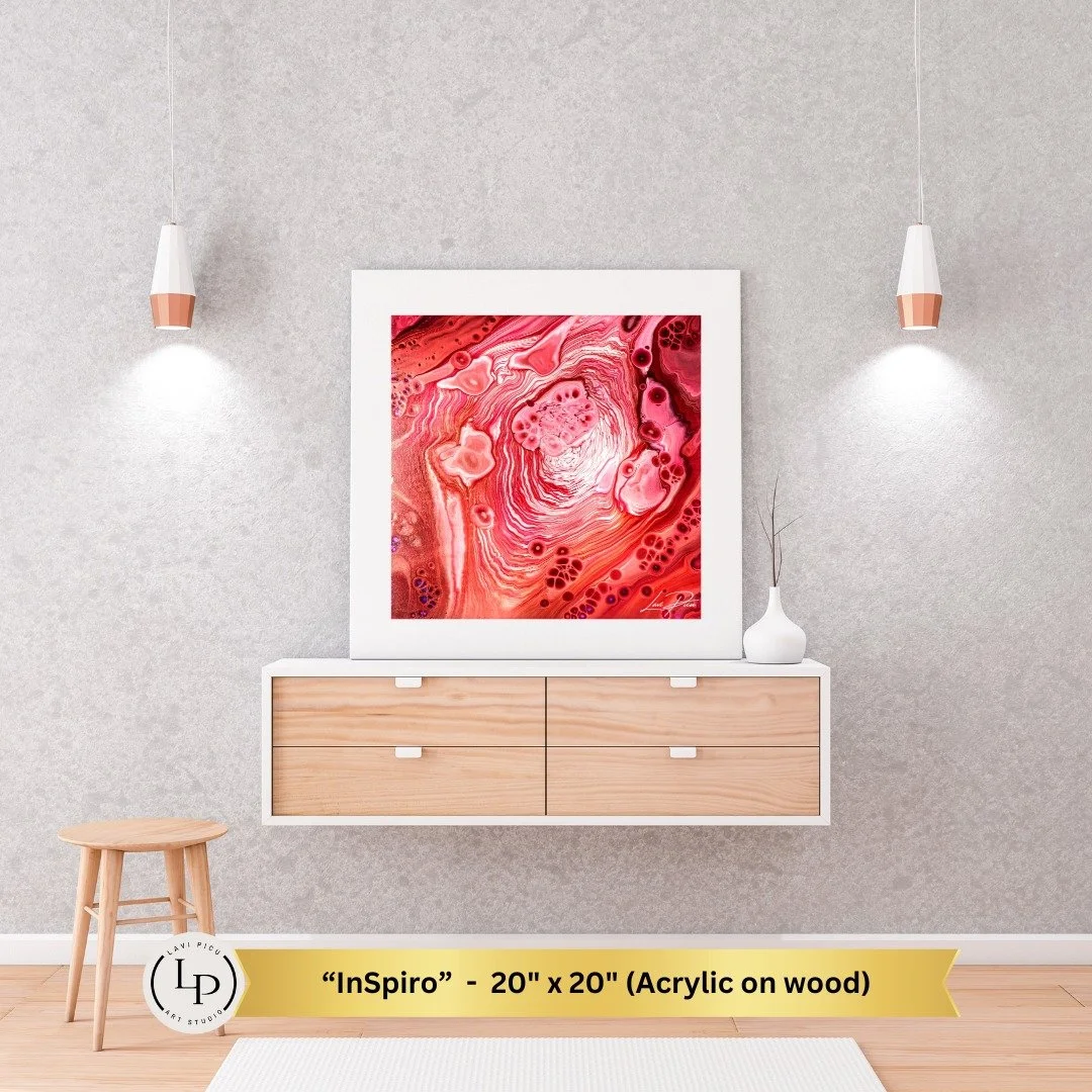 "InSpiro" — acrylic on wood — offers an intimate yet universally resonant meditation on resilience.
Its composition unfolds in a spiral, mirroring the cyclical nature of chronic illness: the inevitable return from fragile mome