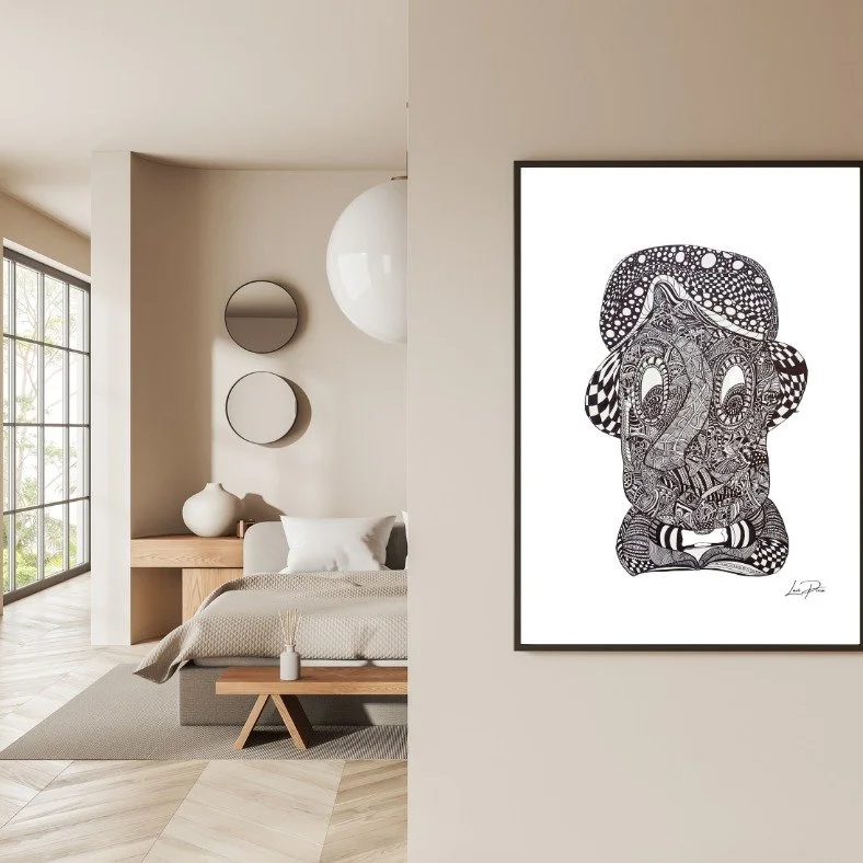 "Malade" is a powerful, trippy black-and-white ink drawing that dives into the psychological and sensory experience of being unwell. French for “sick,” the title reflects not just a condition of the body, but a state of percepti