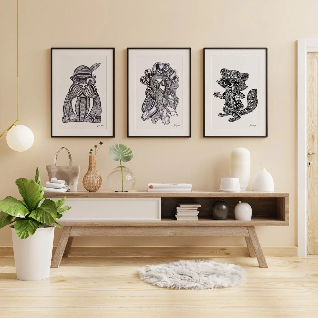 ✨ New Arrivals in Ink ✨
The images you see here are prints of my three latest ink drawings—each featuring a whimsical character adorned with intricate, hand-drawn details.
At first glance, they may appear playful and charming, but a closer lo