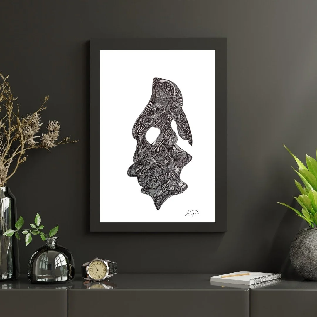 “Spinnerhead” — an intricate ink drawing that gives visual form to the invisible.
Inspired by the disorienting sensations of chronic Lyme — dizziness, confusion, the mind’s foggy spinning — this piece transforms th