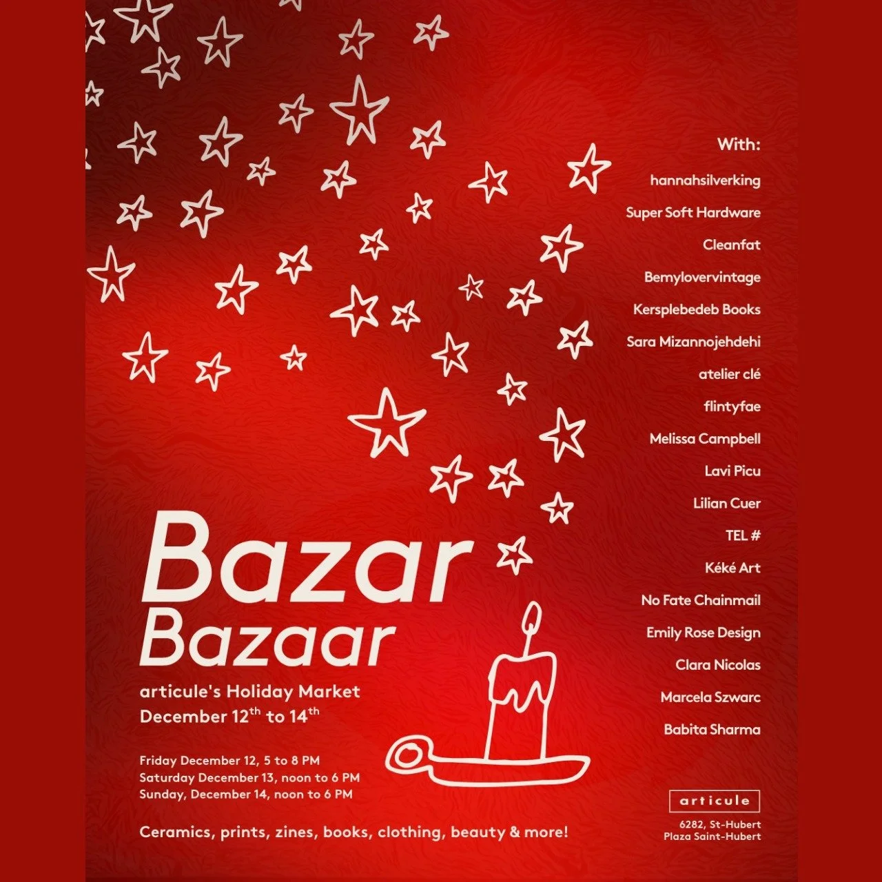 Check out Articule's 
𝐁𝐚𝐳𝐚𝐫 𝑩𝒂𝒛𝒂𝒂𝒓 &mdash; March&eacute; des F&ecirc;tes !

Holiday Market Opening tonight!!!

Looking forward to seeing you tomorrow, December 13th, and Sunday, December 14th, at @articulemtl 

Opening hours: 12:00 PM to 6